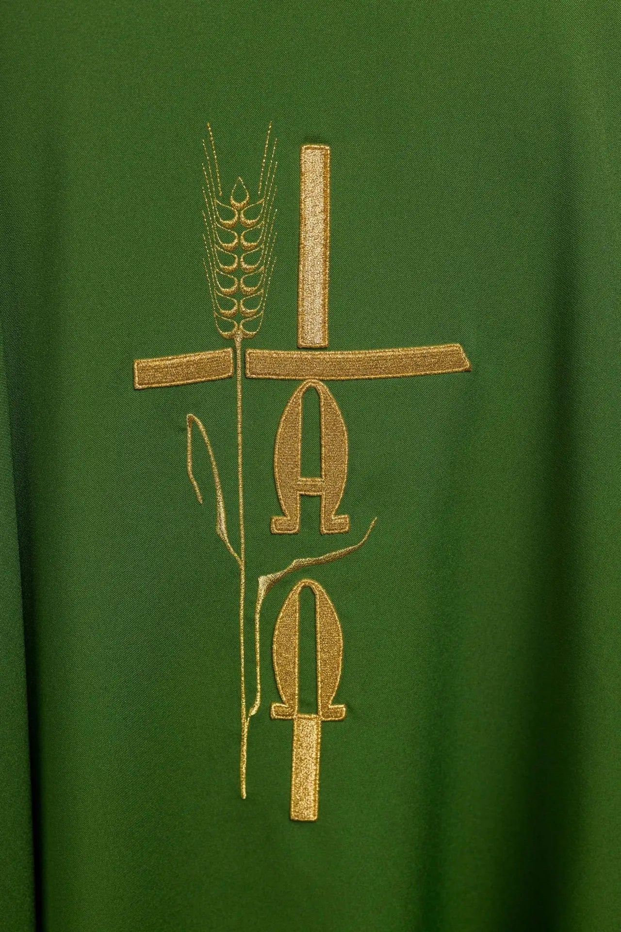 Green chasuble with Alpha Omega embroidery