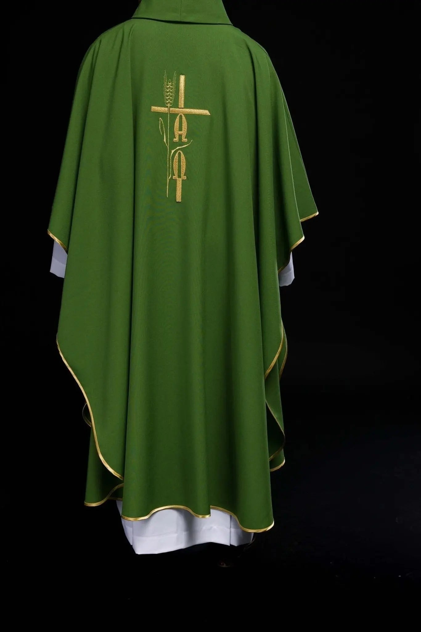 Green chasuble with Alpha Omega embroidery