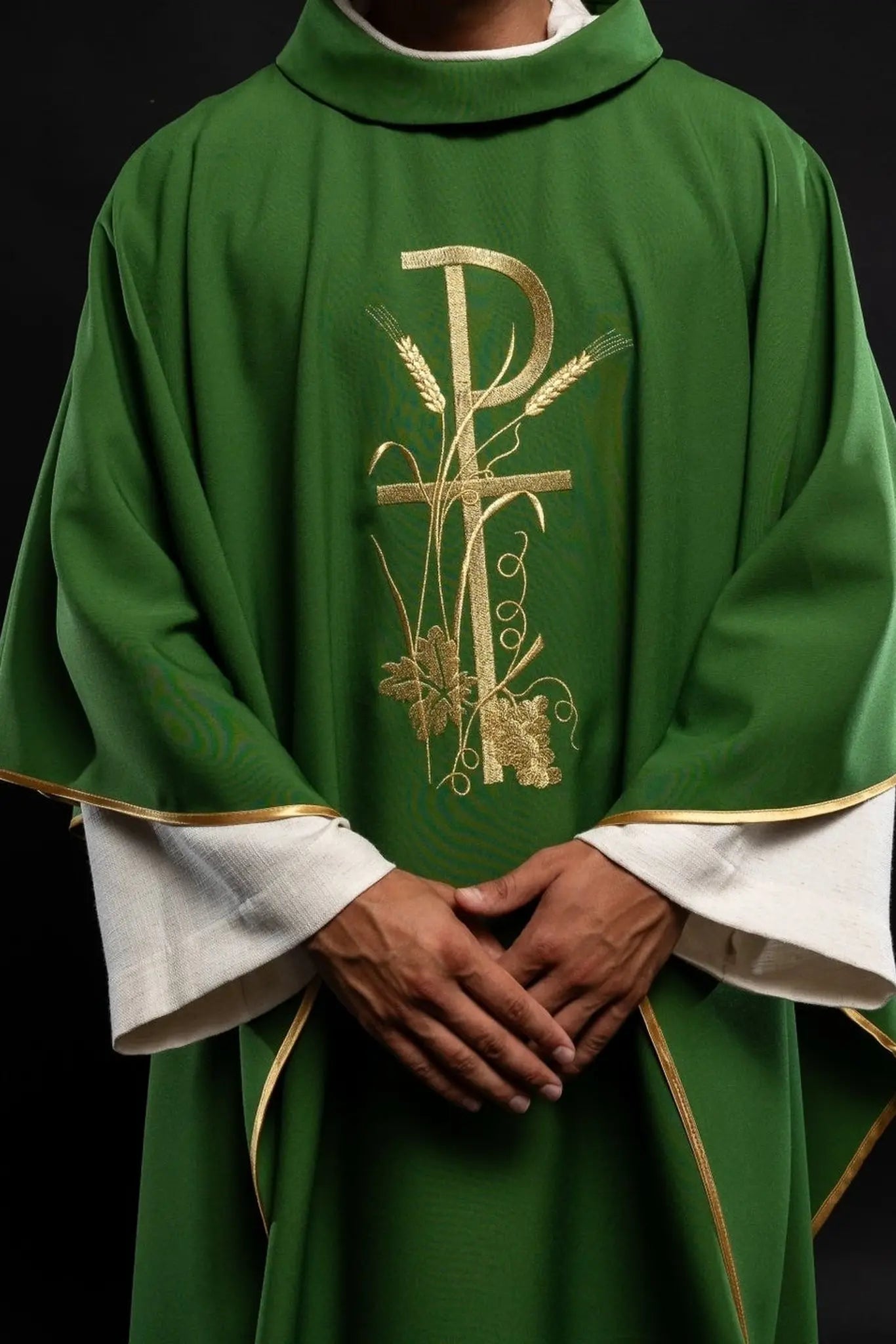 Casulla verde con bordado de cruz dorada