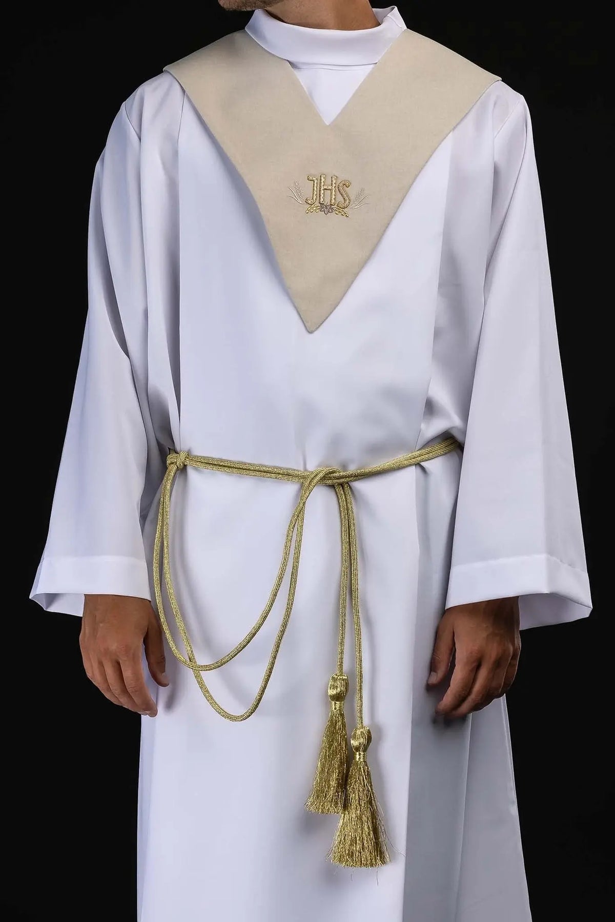 Ecru lector's scapular with gold IHS embroidery, full front worn view