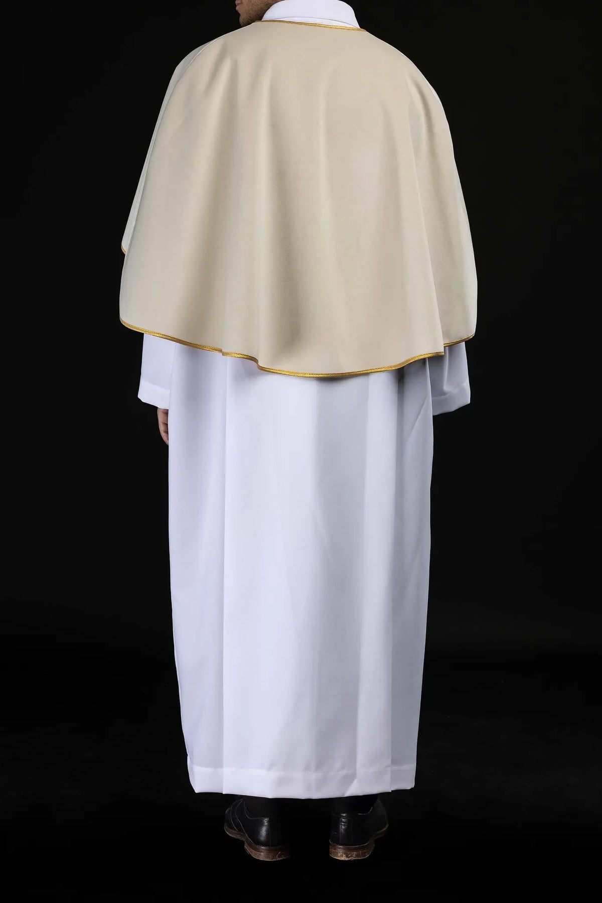 Ecru altar server cape with gold trim, back worn view