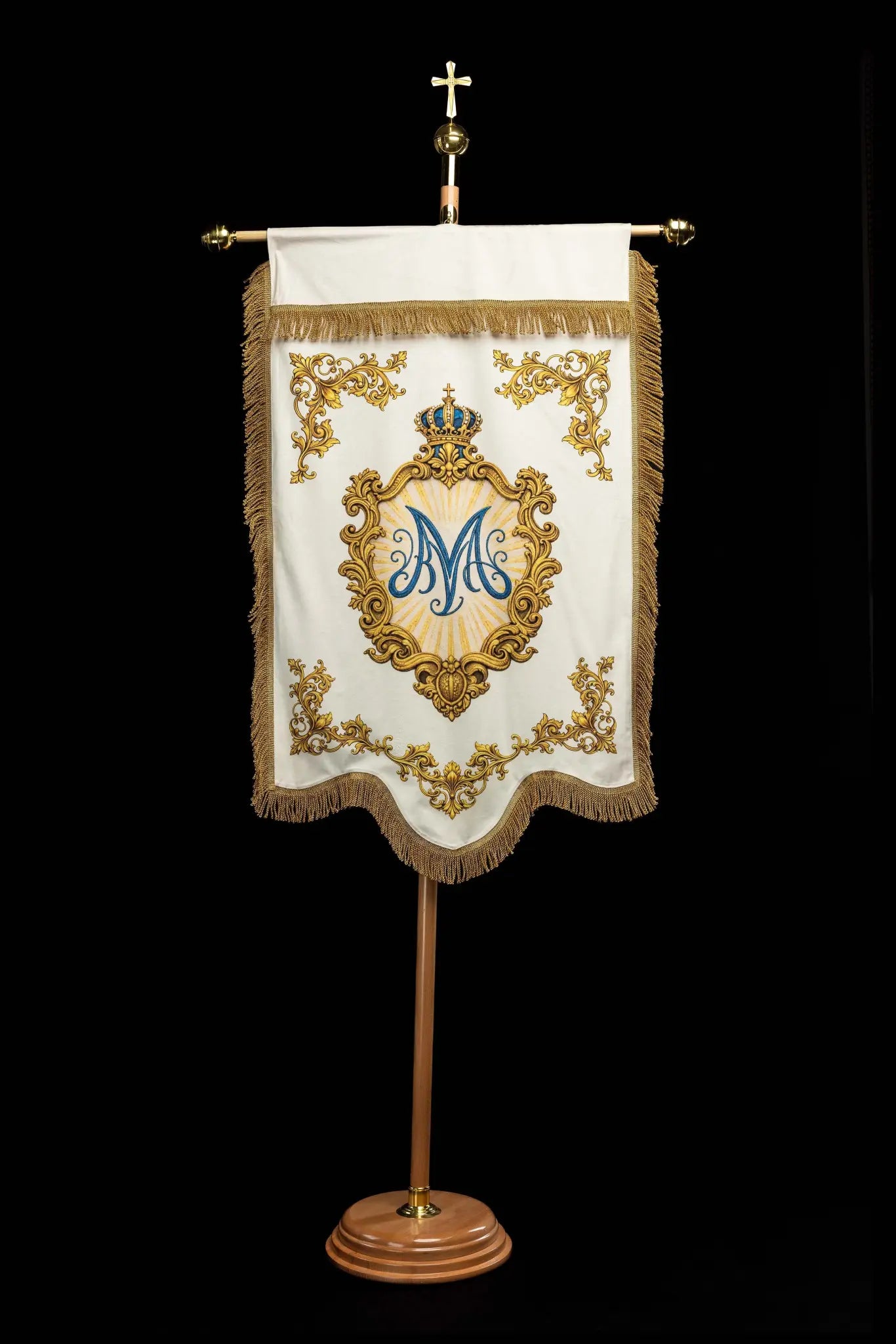 Double-sided printed Marian banner featuring the Immaculate Heart of Mary on one side and a Marian monogram 'M' on the other, with gold ornamentation and crowns.
