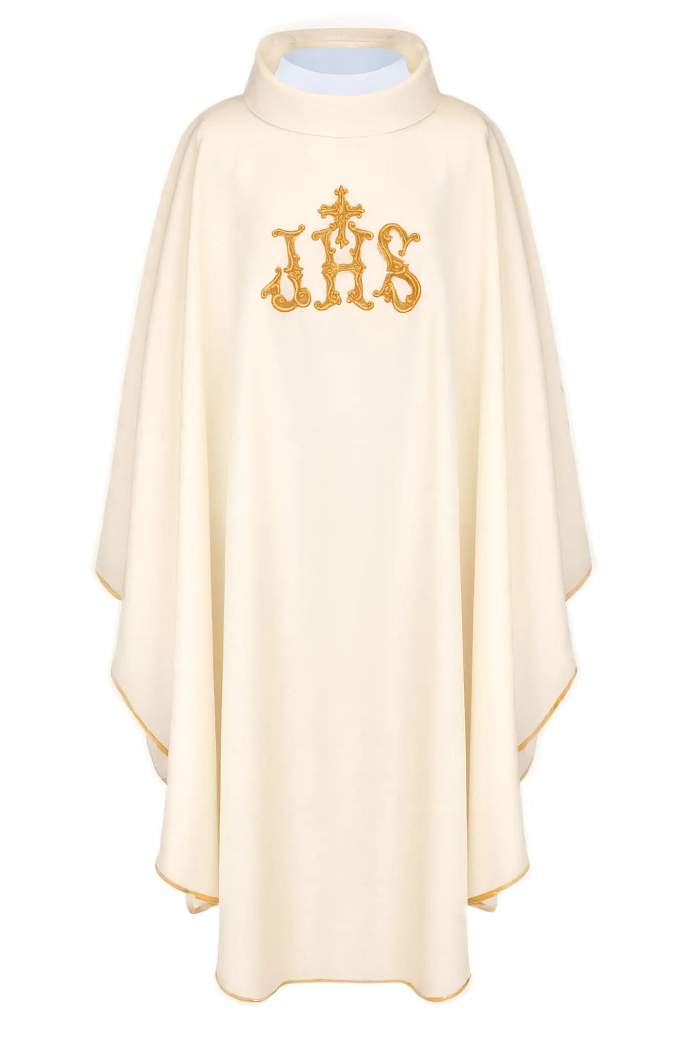 Casulla ecru con motivo IHS y cuello ricamente bordado