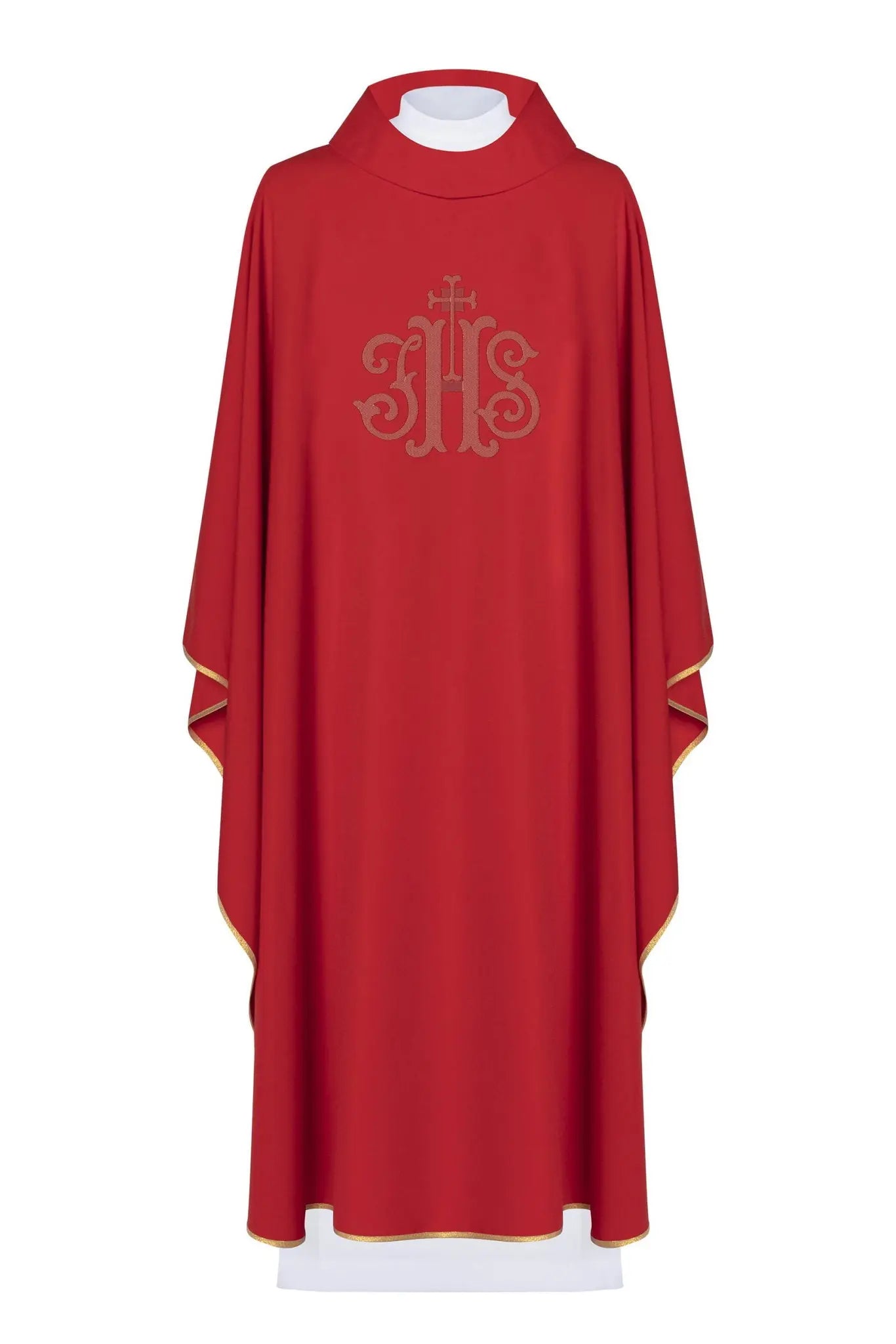 Red liturgical chasuble embroidered IHS with wide collar