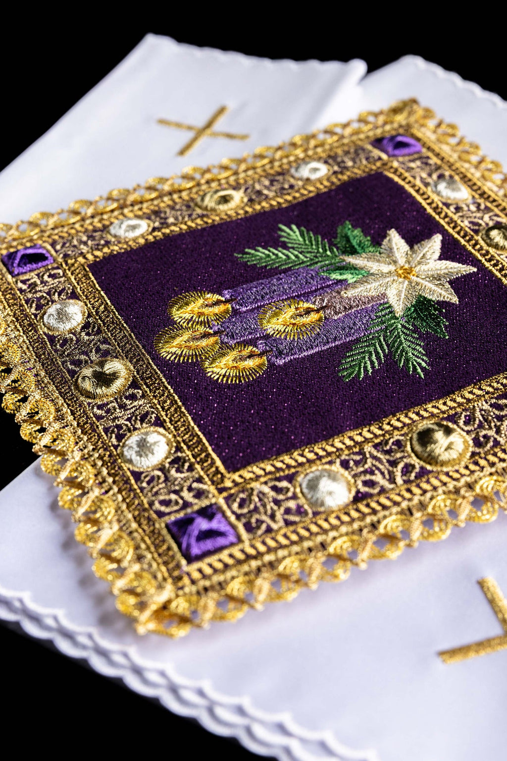 Juego de lino bordado para cáliz para Adviento