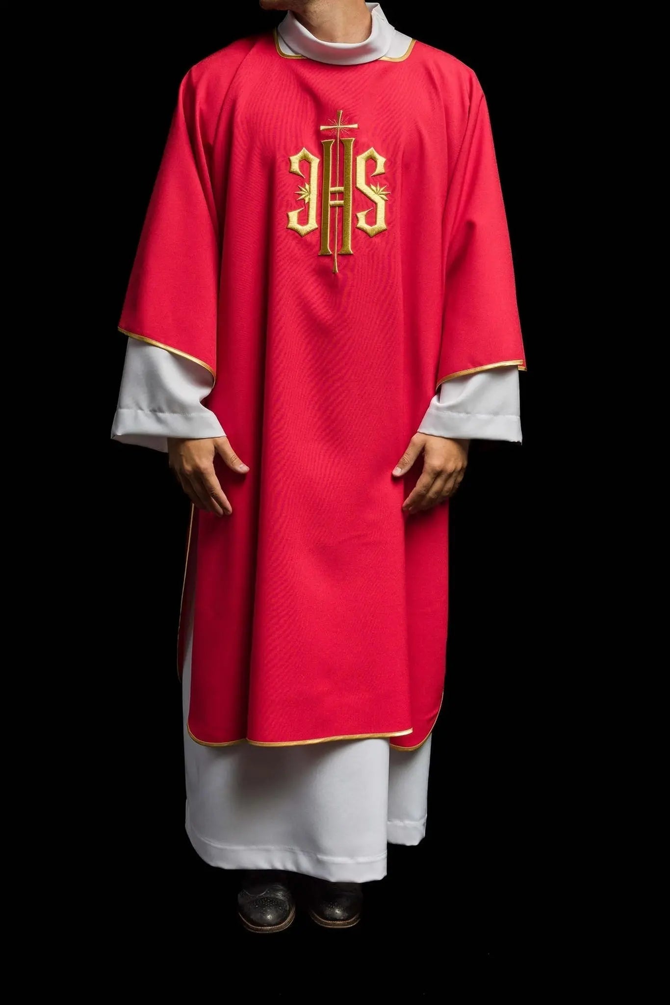 Red Dalmatics with embroidered gold IHS