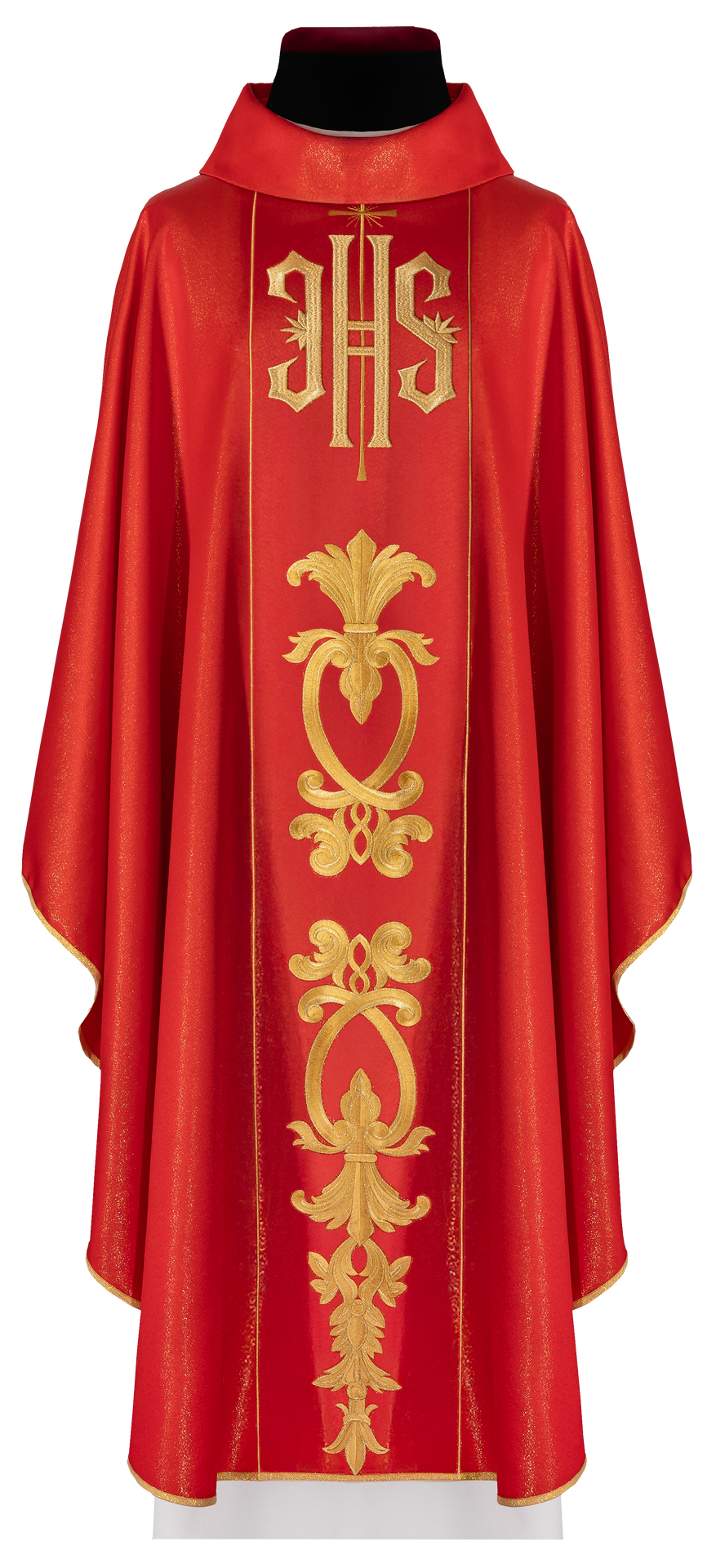Bogato zdobiony czerwony ornat z złotym motywem i szerokim pasem IHS - ORNATY.PL