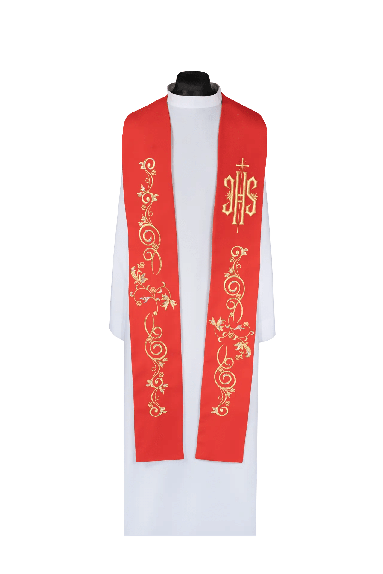 Estola bordada para sacerdote con símbolo IHS en rojo