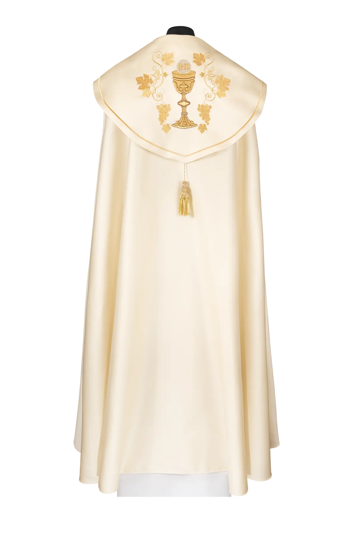 Ecru liturgical cope with embroidered chalice and IHS