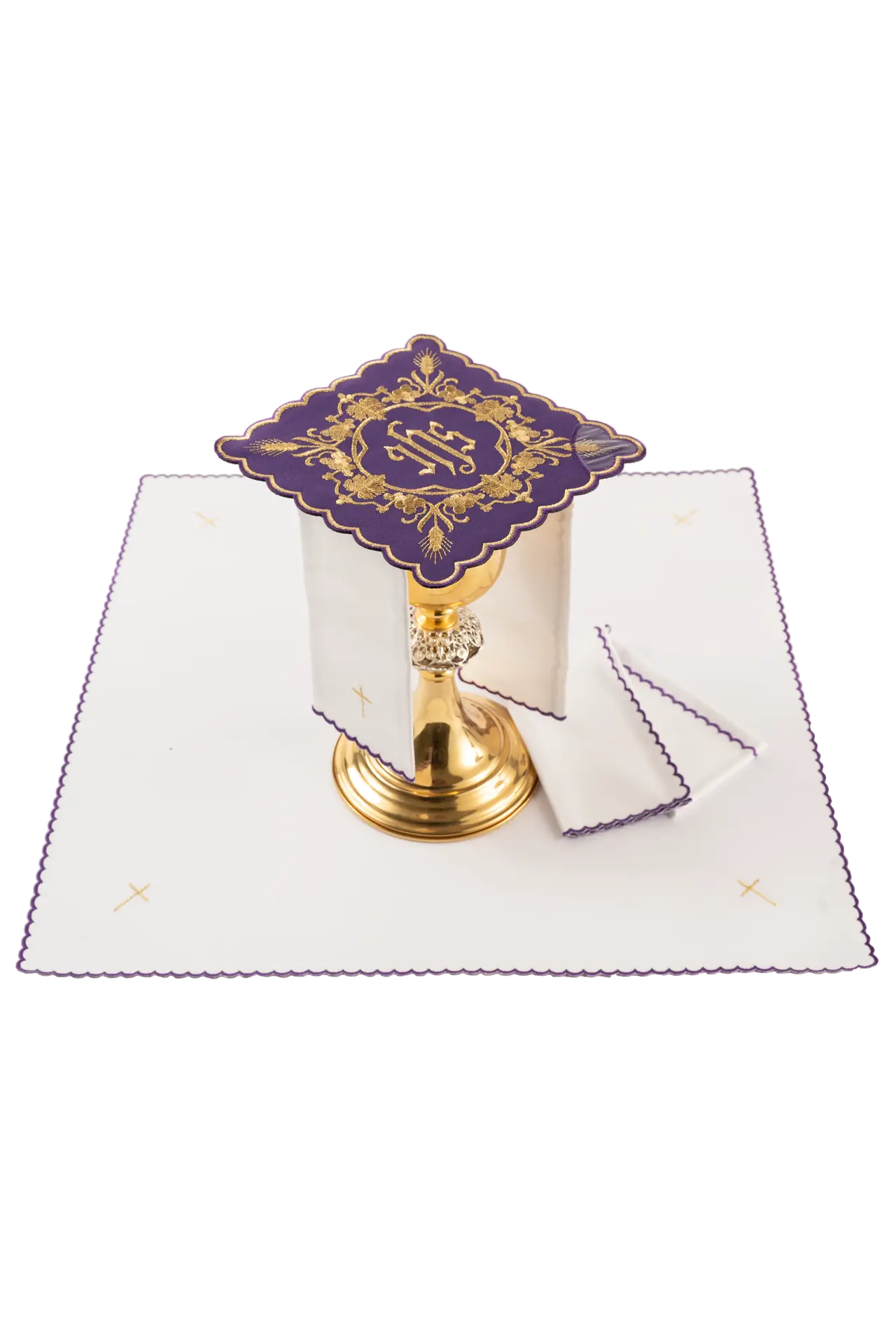 Purple embroidered chalice linens set with IHS motif