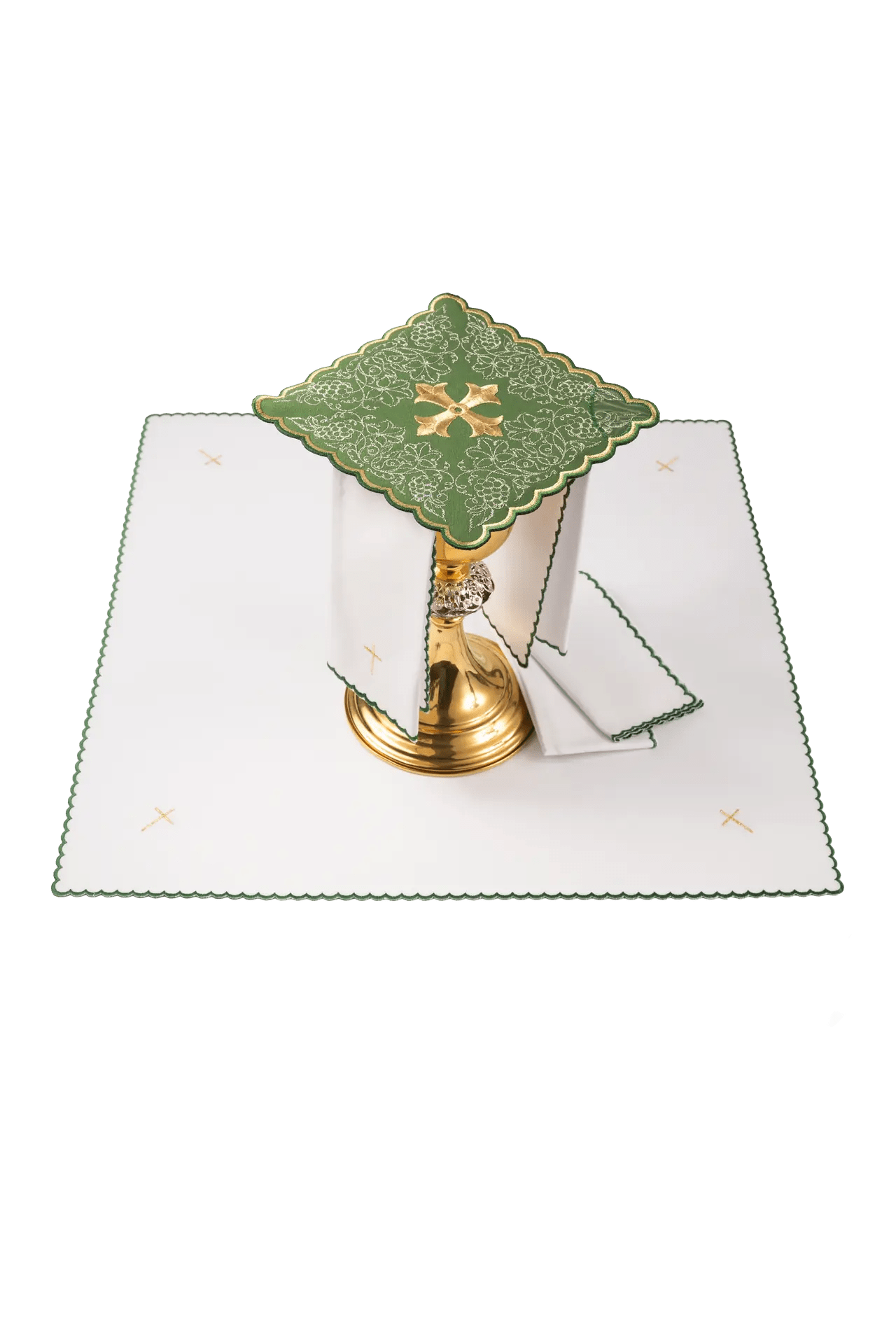 Conjunto de lienzos para cáliz verdes bordados con motivo de cruz