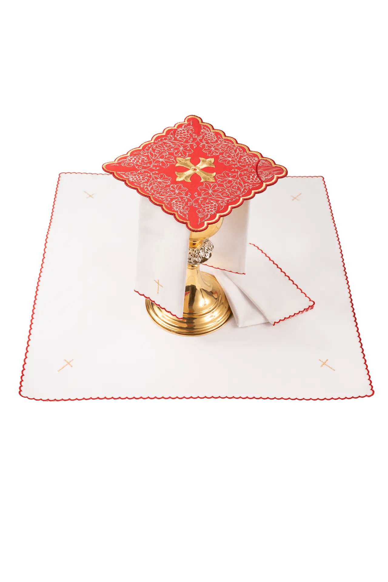 Conjunto de lienzos para cáliz bordados en rojo con motivo de cruz