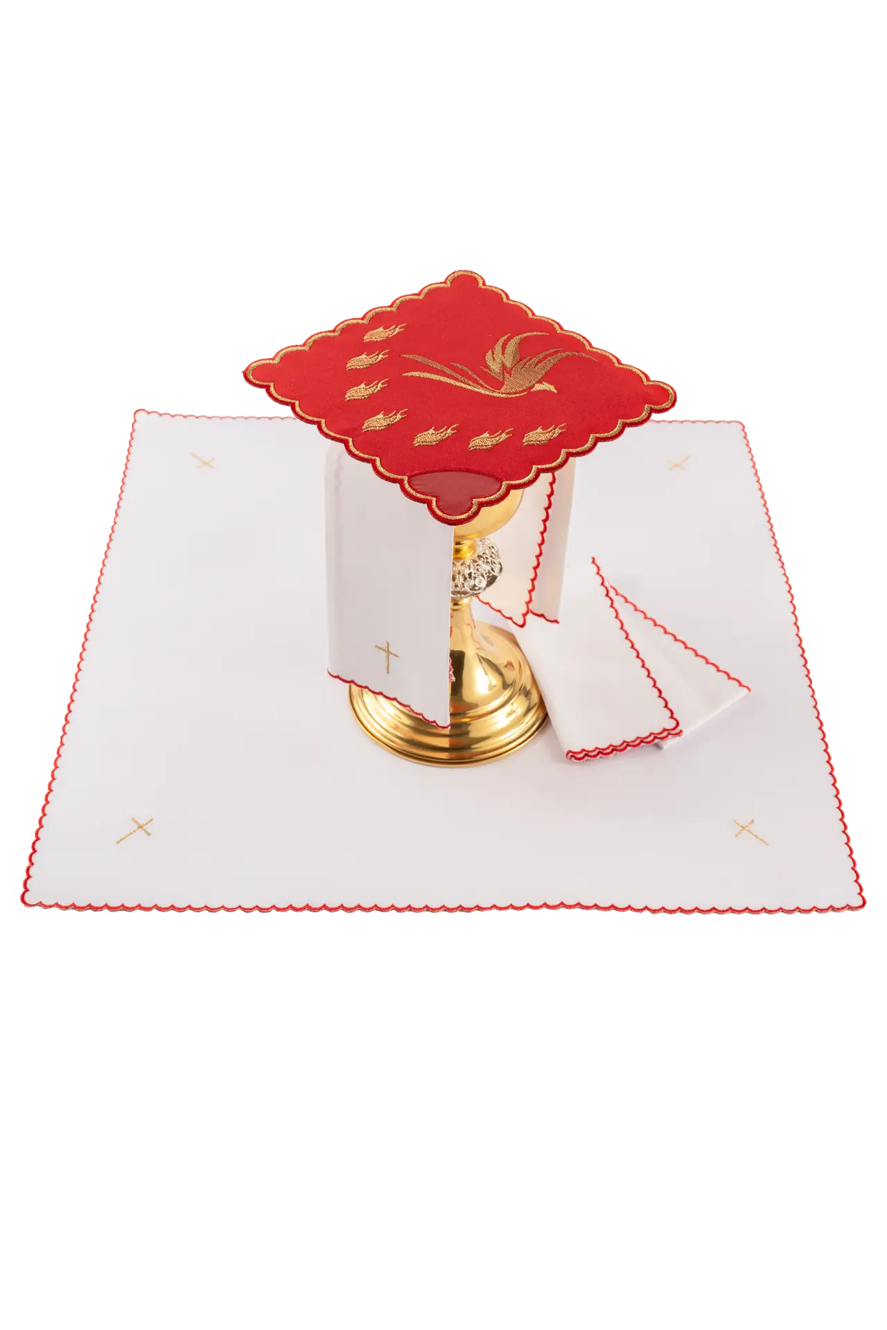 Red chalice linens set with embroidery of the Holy Spirit