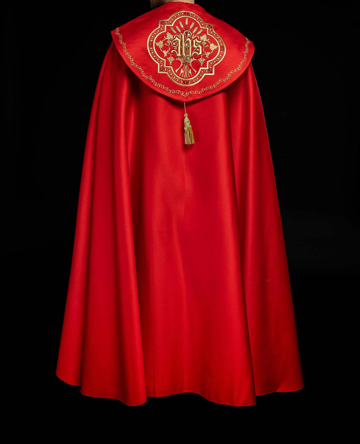 IHS embroidered liturgical cape in red