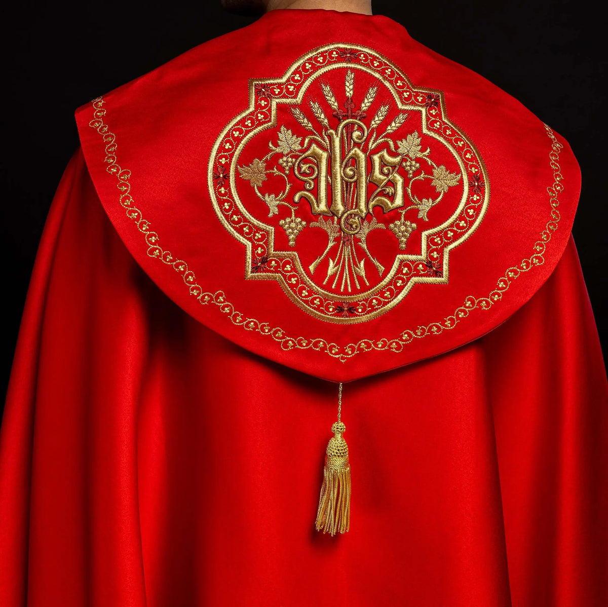 IHS embroidered liturgical cape in red