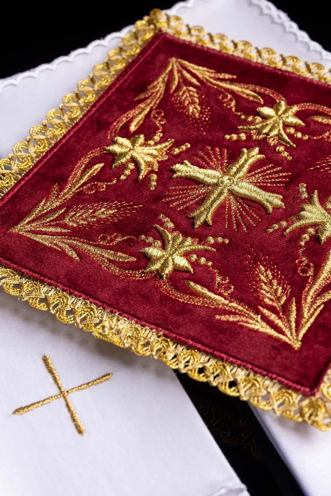 Embroidered Red Velvet Chalice Linen Set