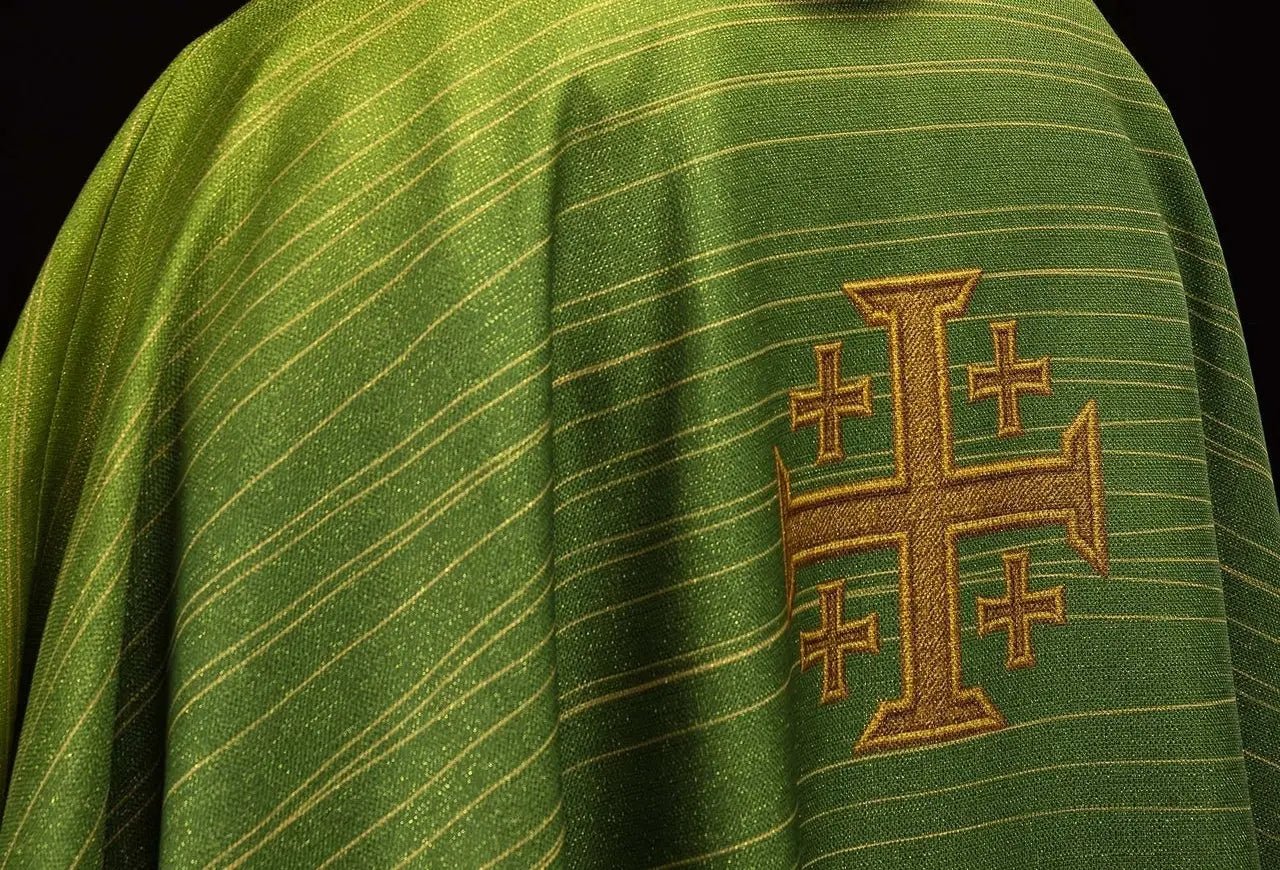 Casulla verde estampada con la Cruz de Jerusalén