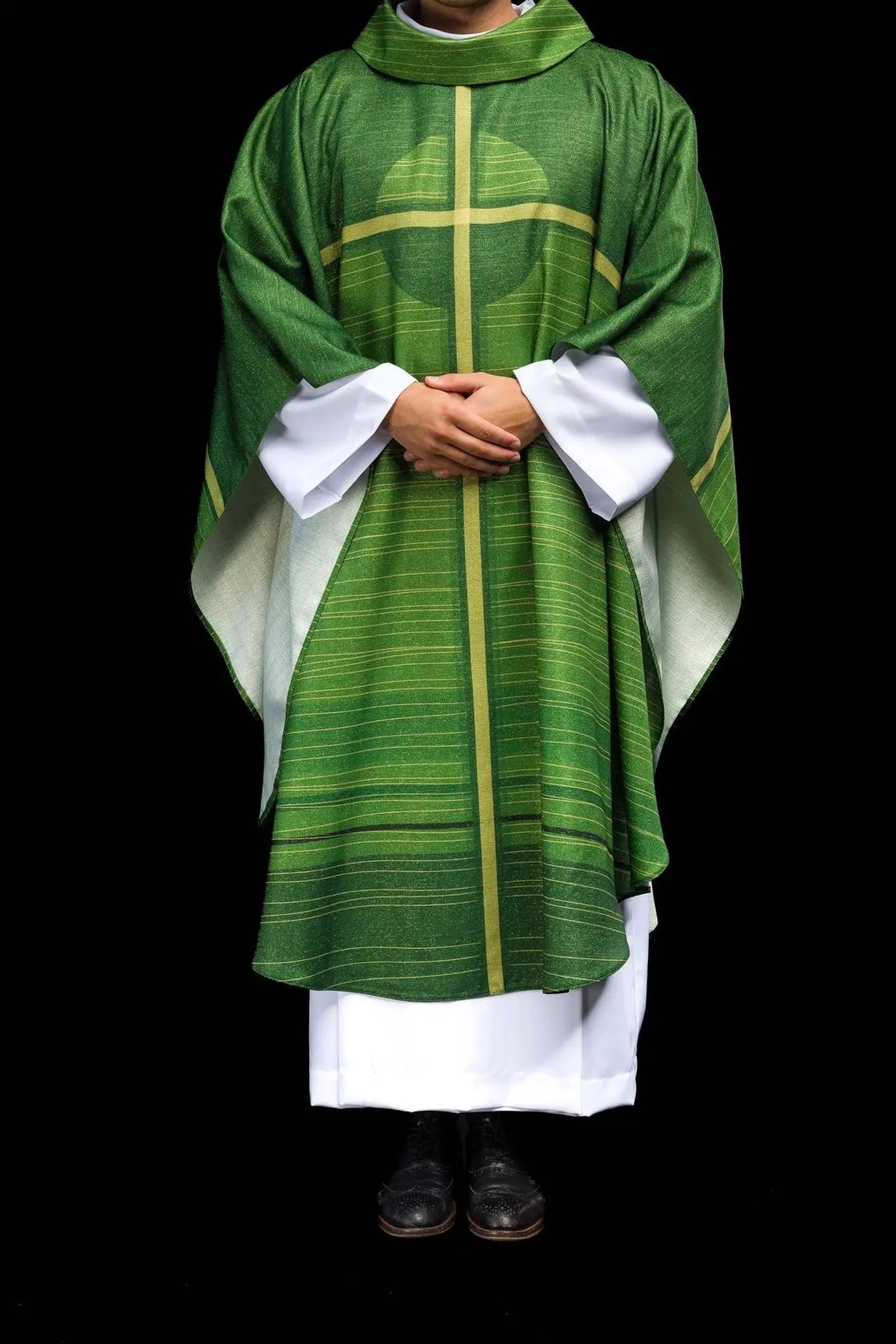 Green printed chasuble with a cross motif