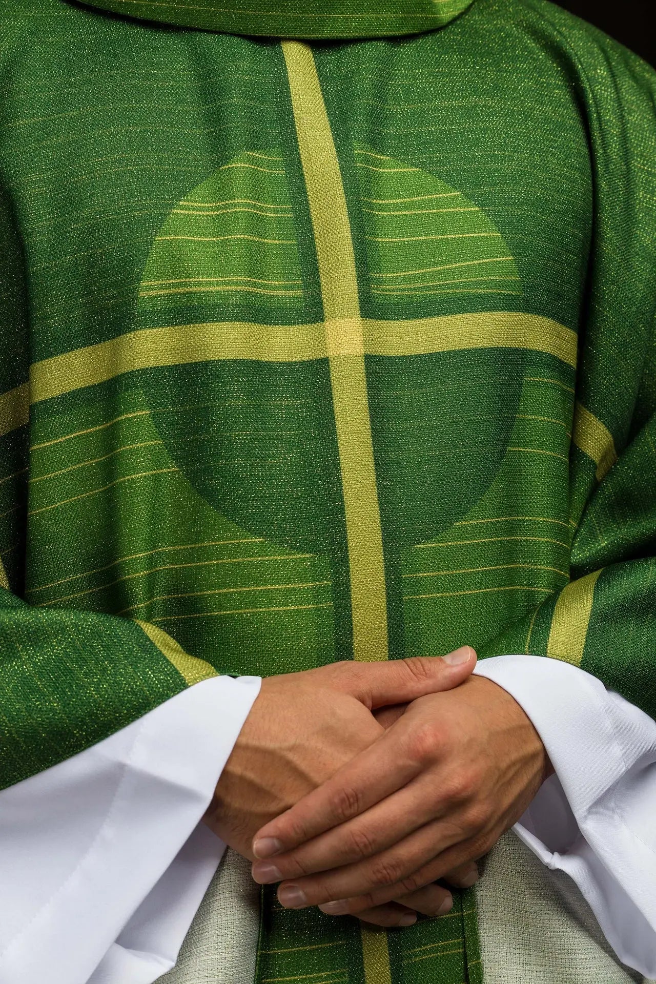 Green printed chasuble with a cross motif