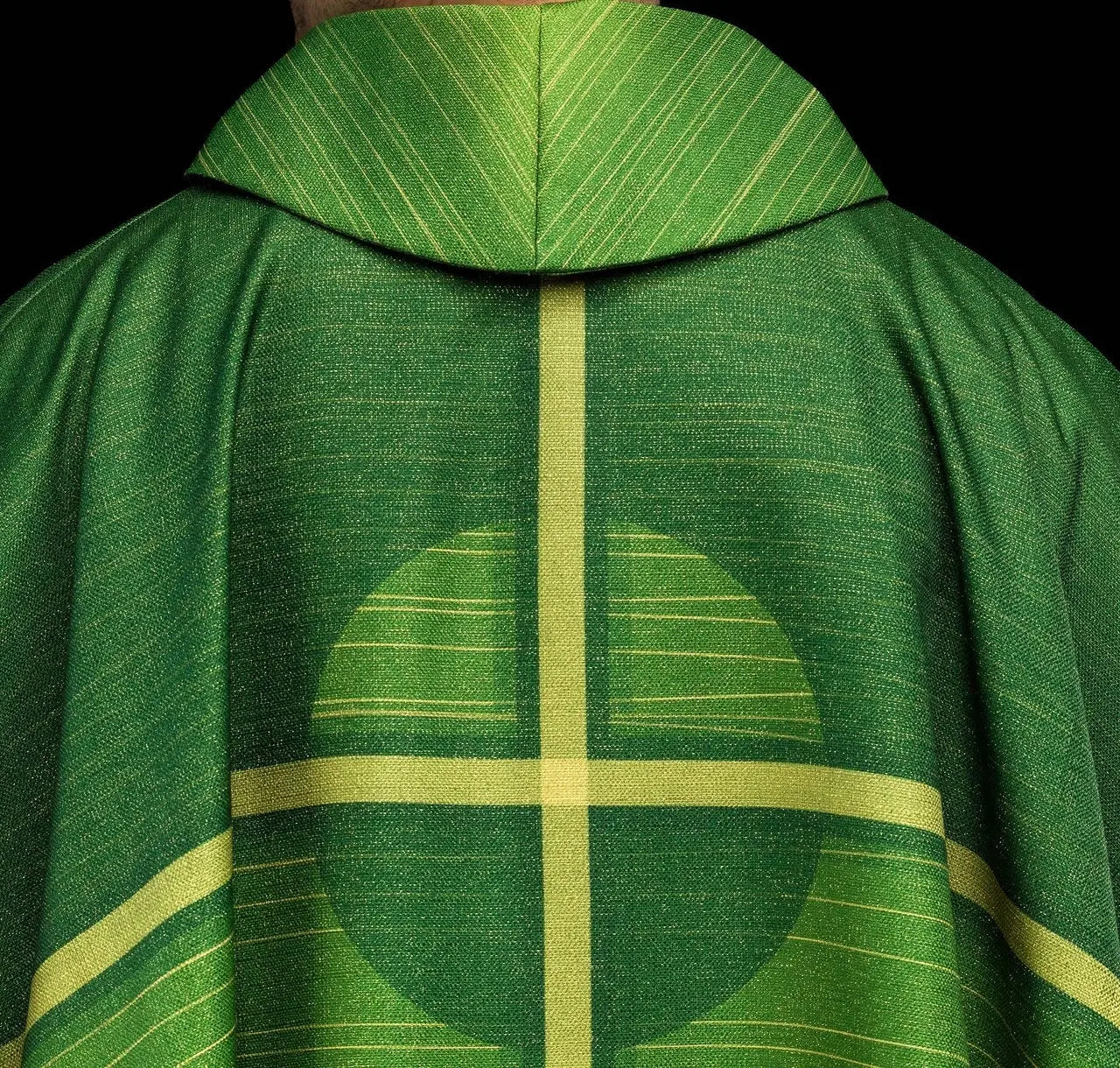 Green printed chasuble with a cross motif