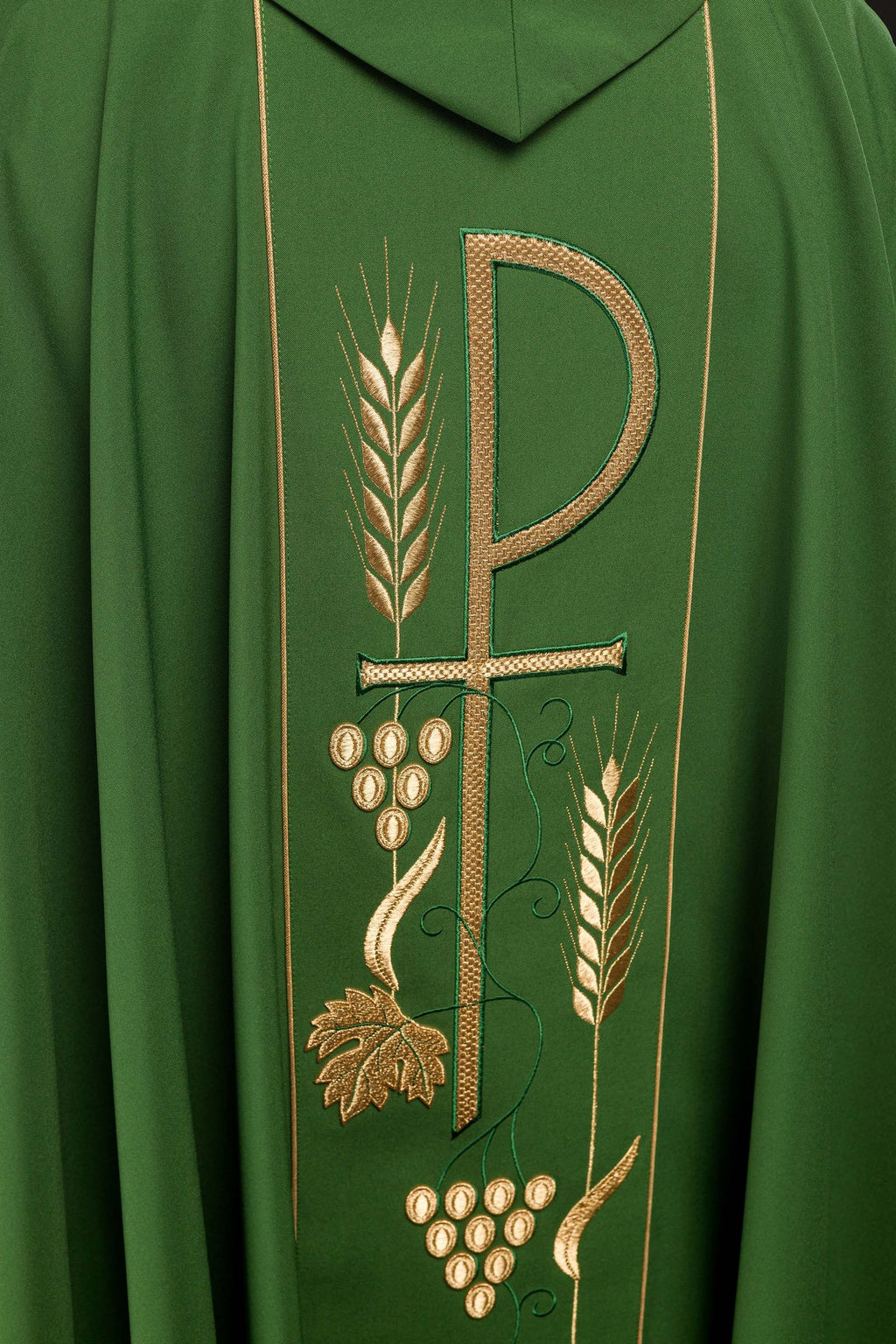 Zielony ornat haftowany z wzorem Kielicha IHS - ORNATY.PL