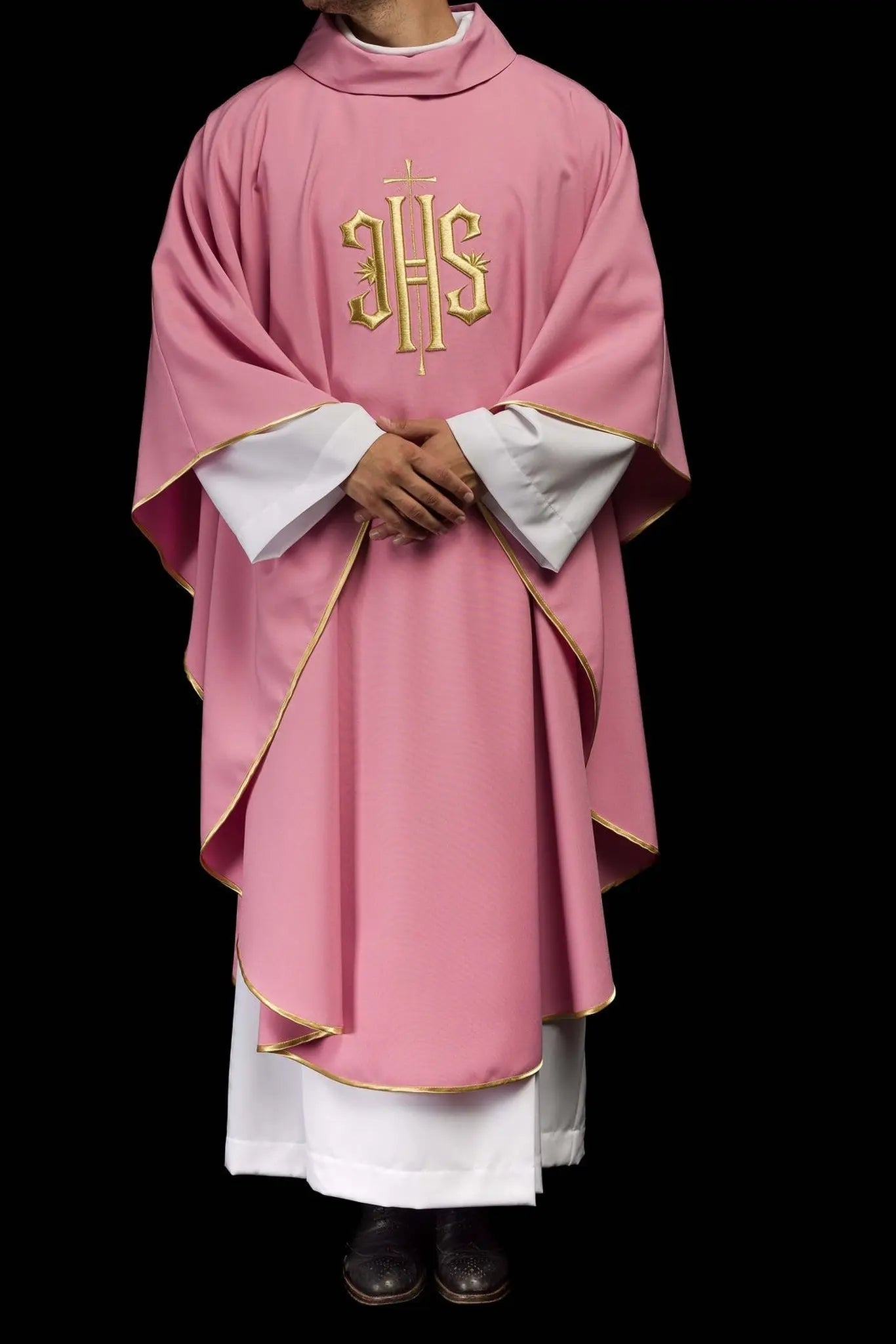 Embroidered chasuble with IHS design in pink