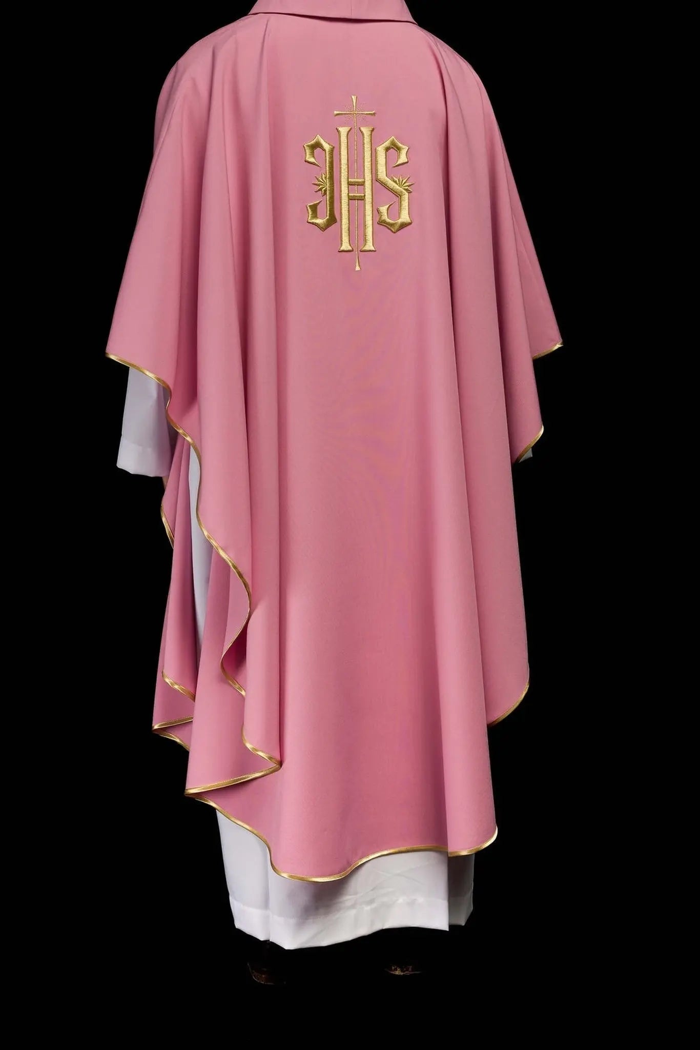 Embroidered chasuble with IHS design in pink