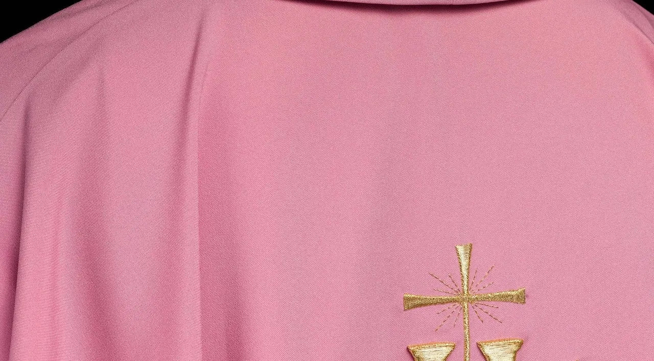 Embroidered chasuble with IHS design in pink