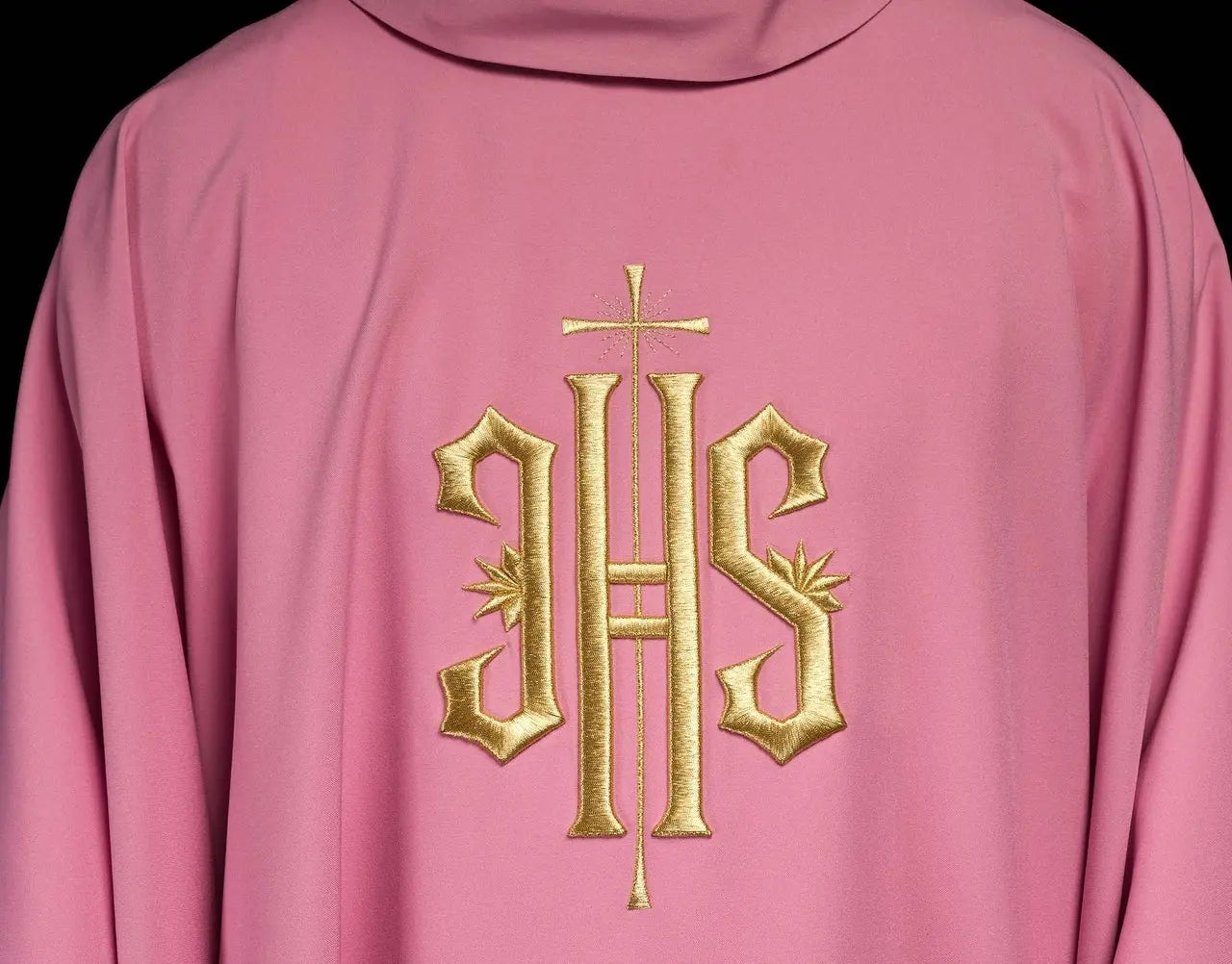 Embroidered chasuble with IHS design in pink