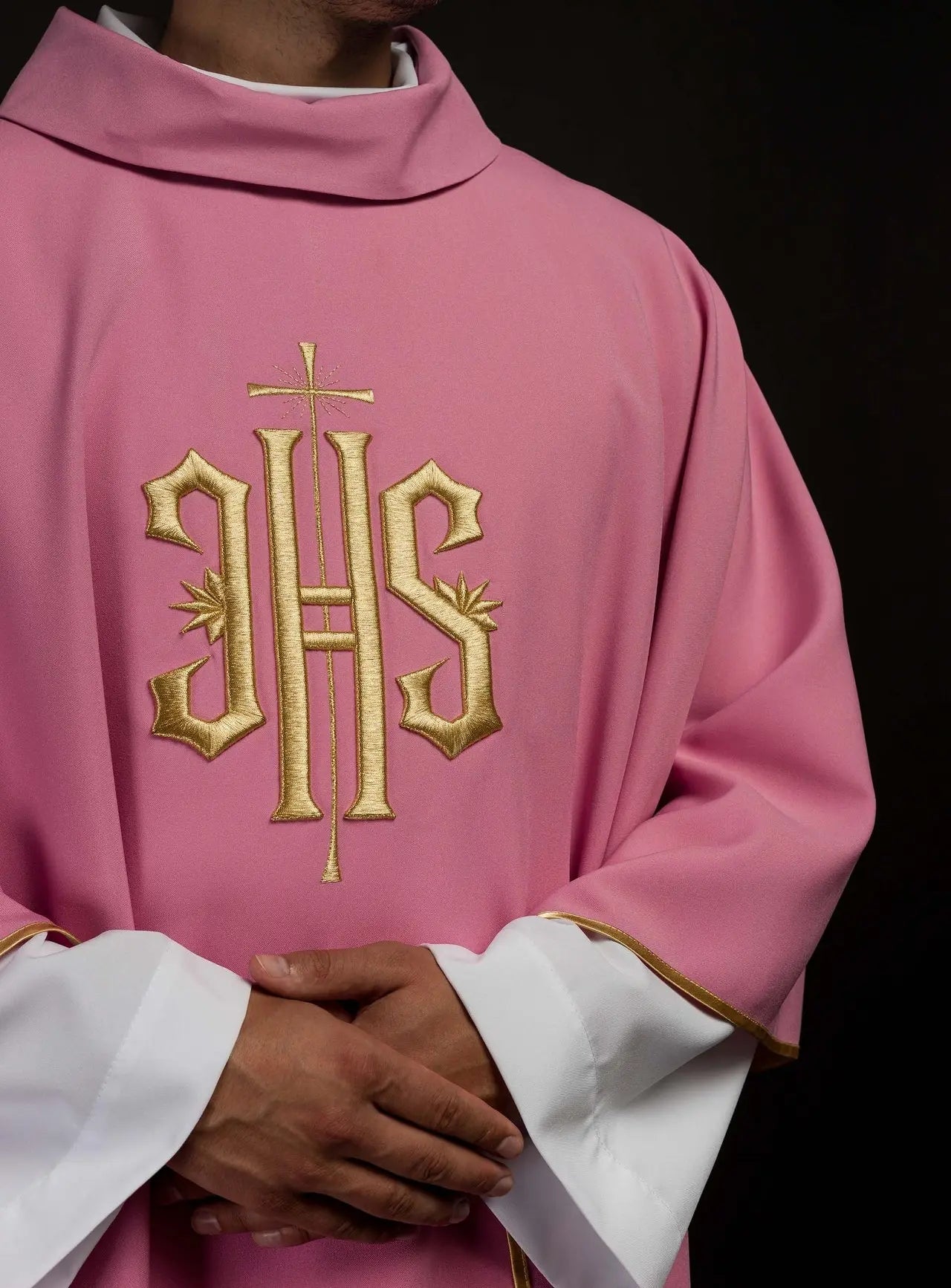 Embroidered chasuble with IHS design in pink