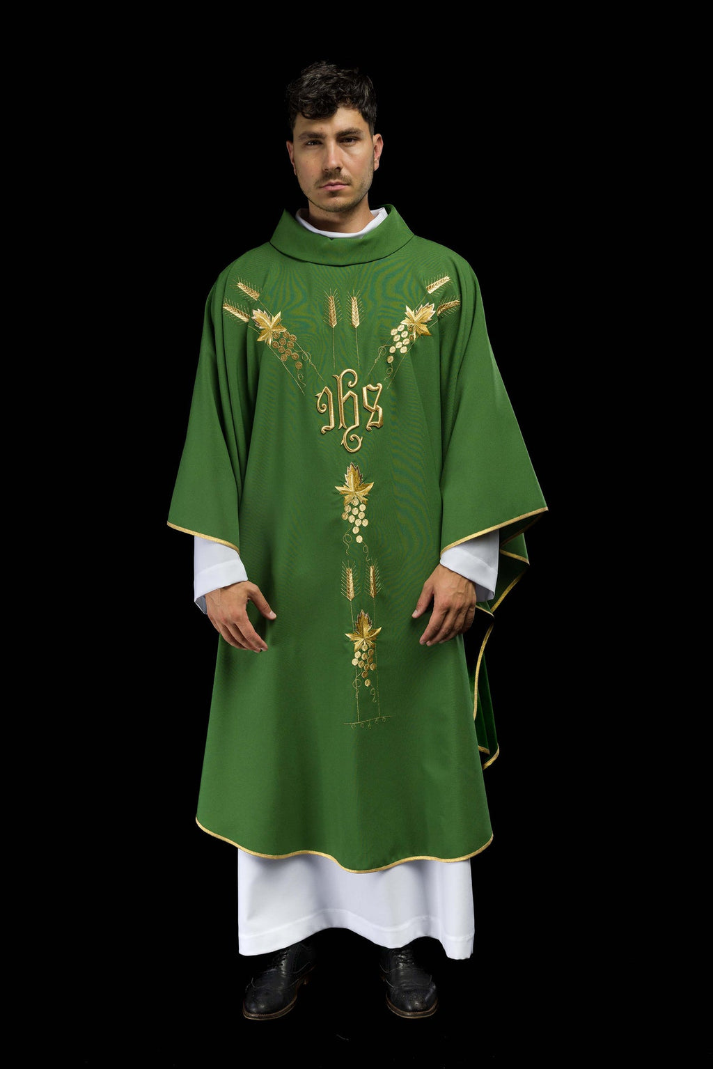 Ornat haftowany z symbolem IHS winogrona Zielony - ORNATY.PL