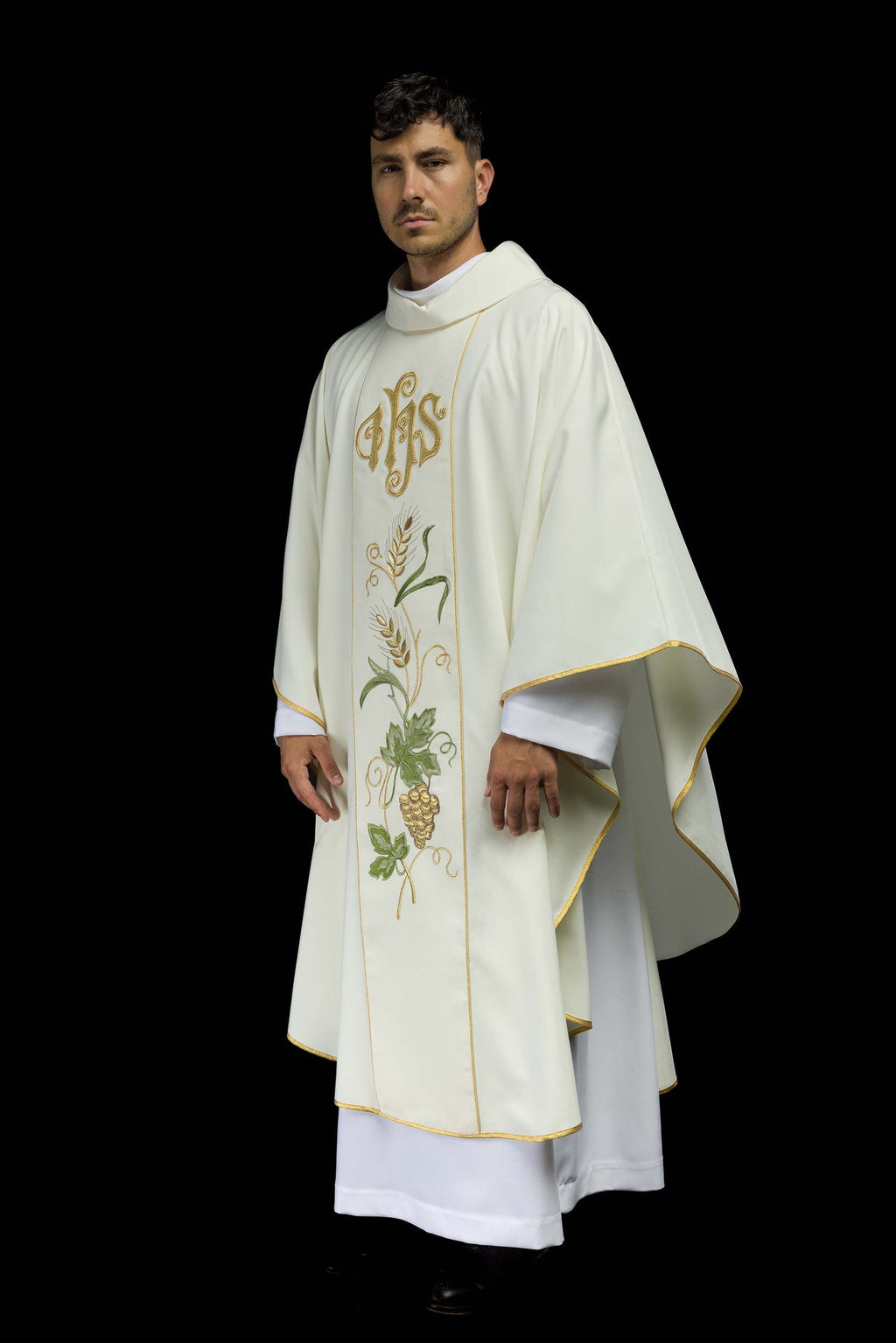 Ornat na pasie haftowany symbolem IHS, kłosy i winogrona ecru - ORNATY.PL