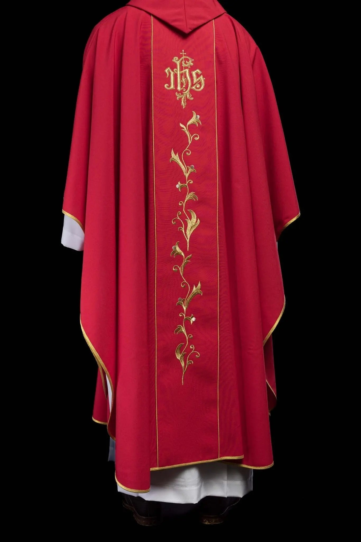 Red IHS embroidered chasuble with ornaments
