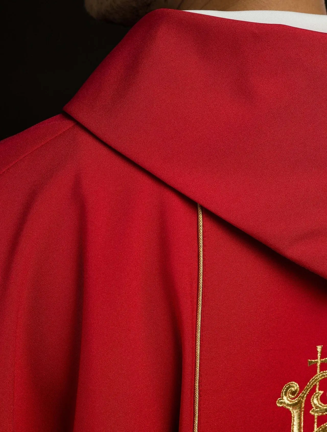 Red IHS embroidered chasuble with ornaments