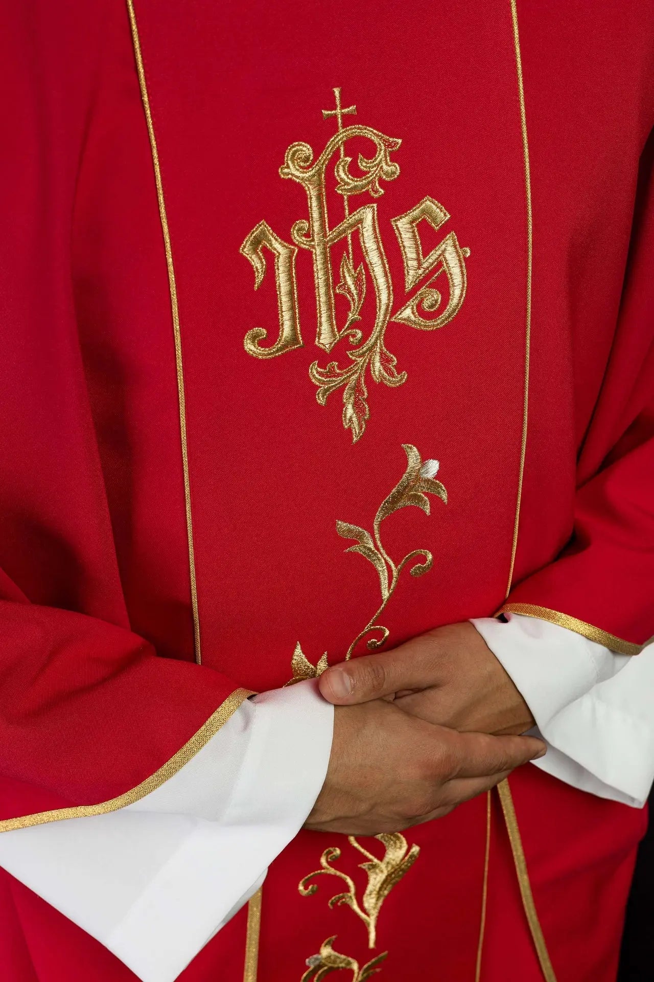 Red IHS embroidered chasuble with ornaments