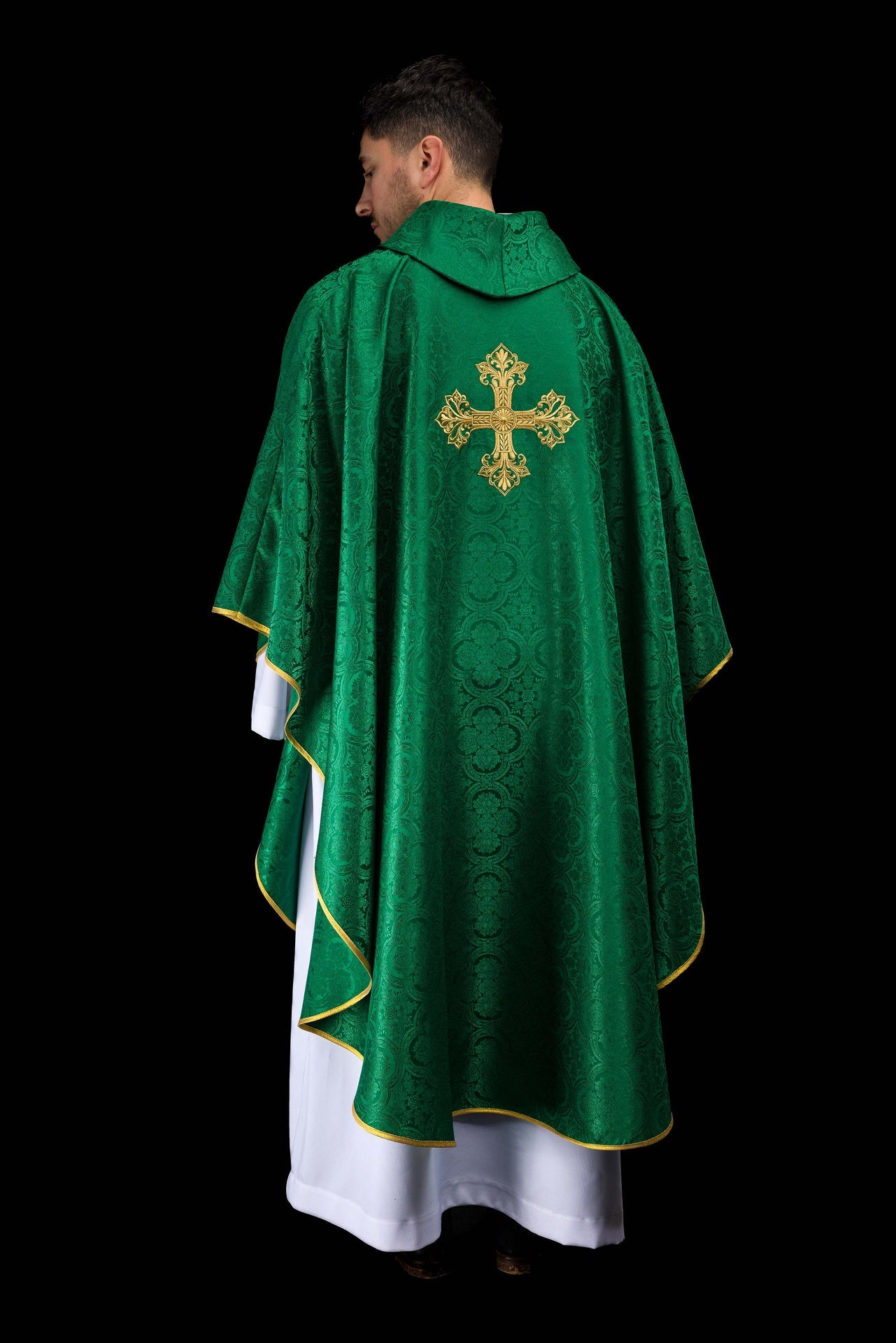 Zielony ornat z krzyżem tkanina żakardowa - ORNATY.PL