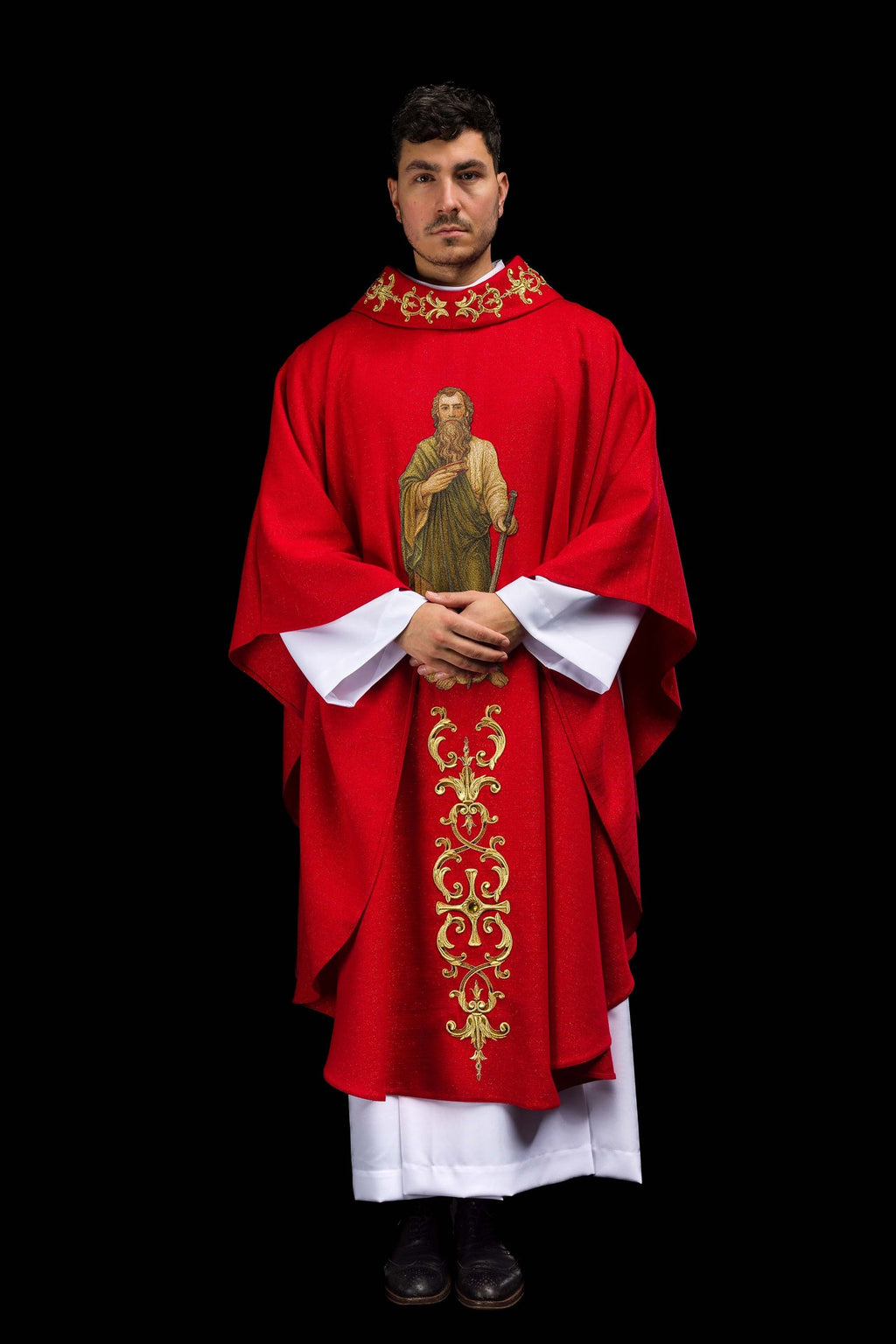 Ornat bogato haftowany z wizerunkiem Świętego Pawła Czerwony - ORNATY.PL