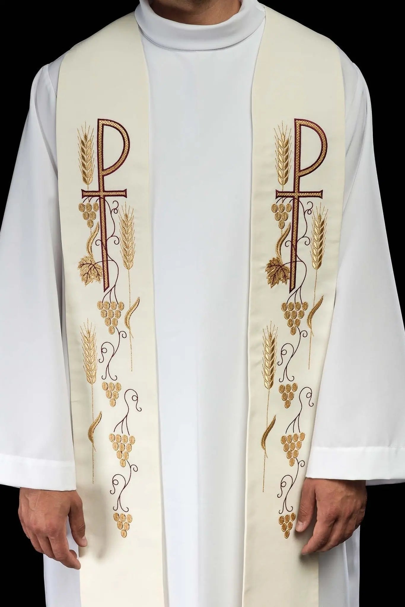 Estola sacerdotal bordada con cruz y uvas ecru