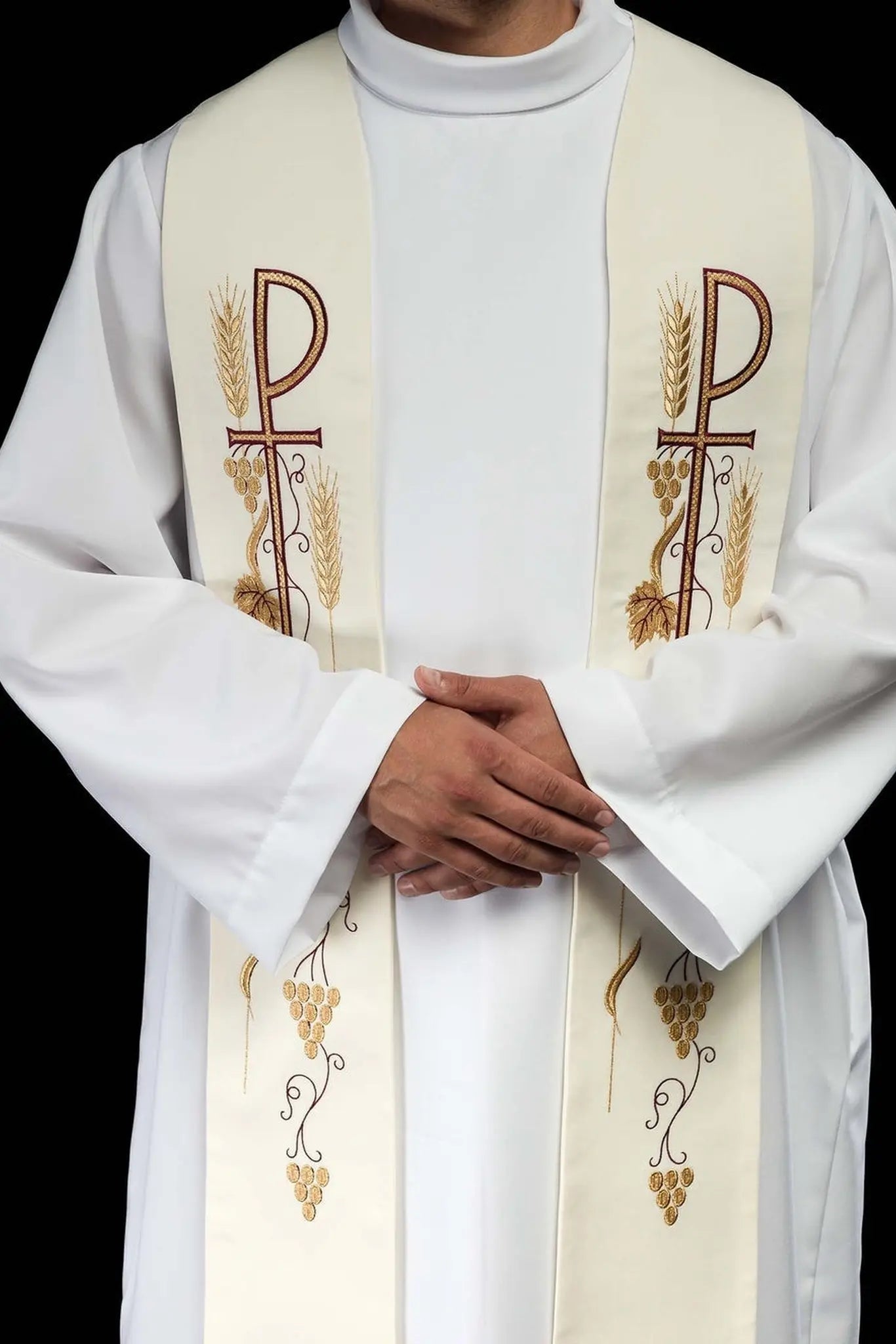 Estola sacerdotal bordada con cruz y uvas ecru