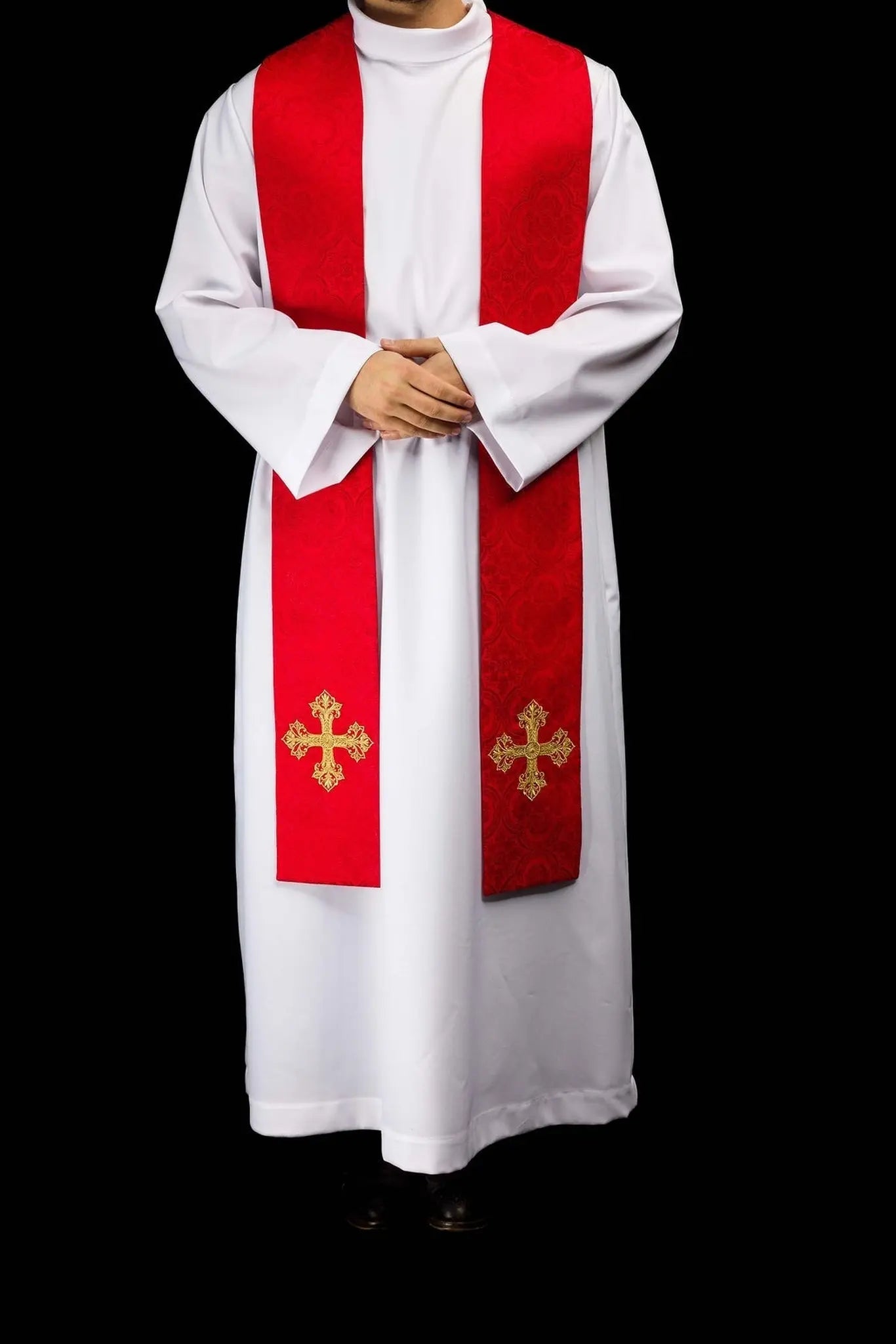 Estola roja de jacquard con bordado de cruz dorada