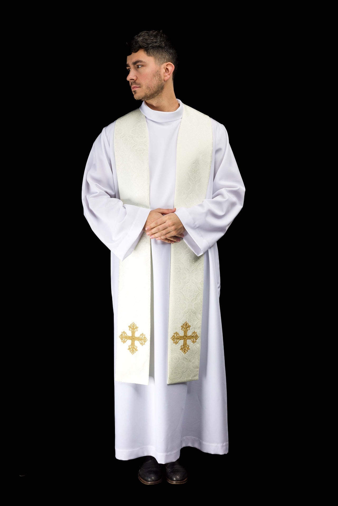 Stuła haftowana z motywem Krzyża ecru tkanina żakardowa - ORNATY.PL