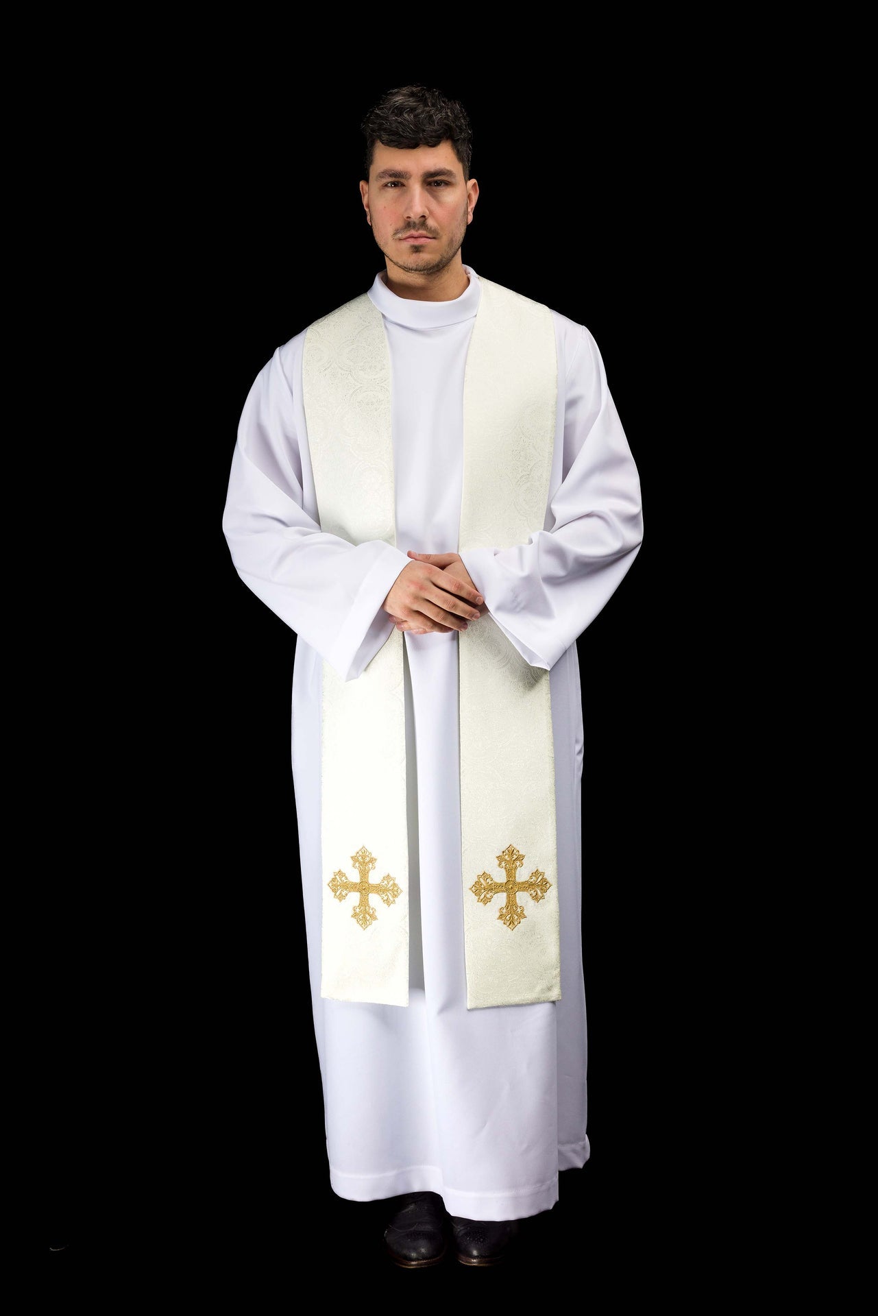 Stuła haftowana z motywem Krzyża ecru tkanina żakardowa - ORNATY.PL