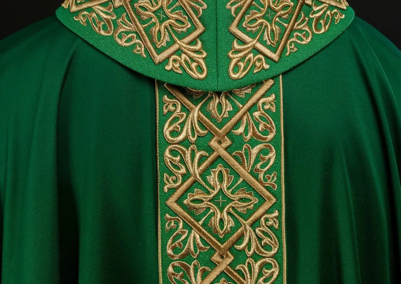 Casulla ricamente bordada con motivo floral y cruces Verde