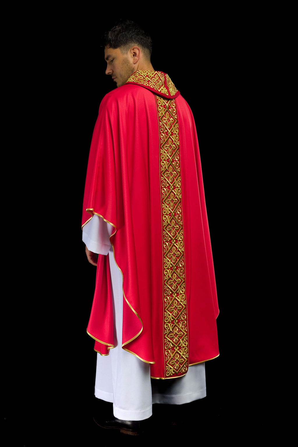 Ornat bogato haftowany motyw florystyczny z krzyżami Czerwony - ORNATY.PL