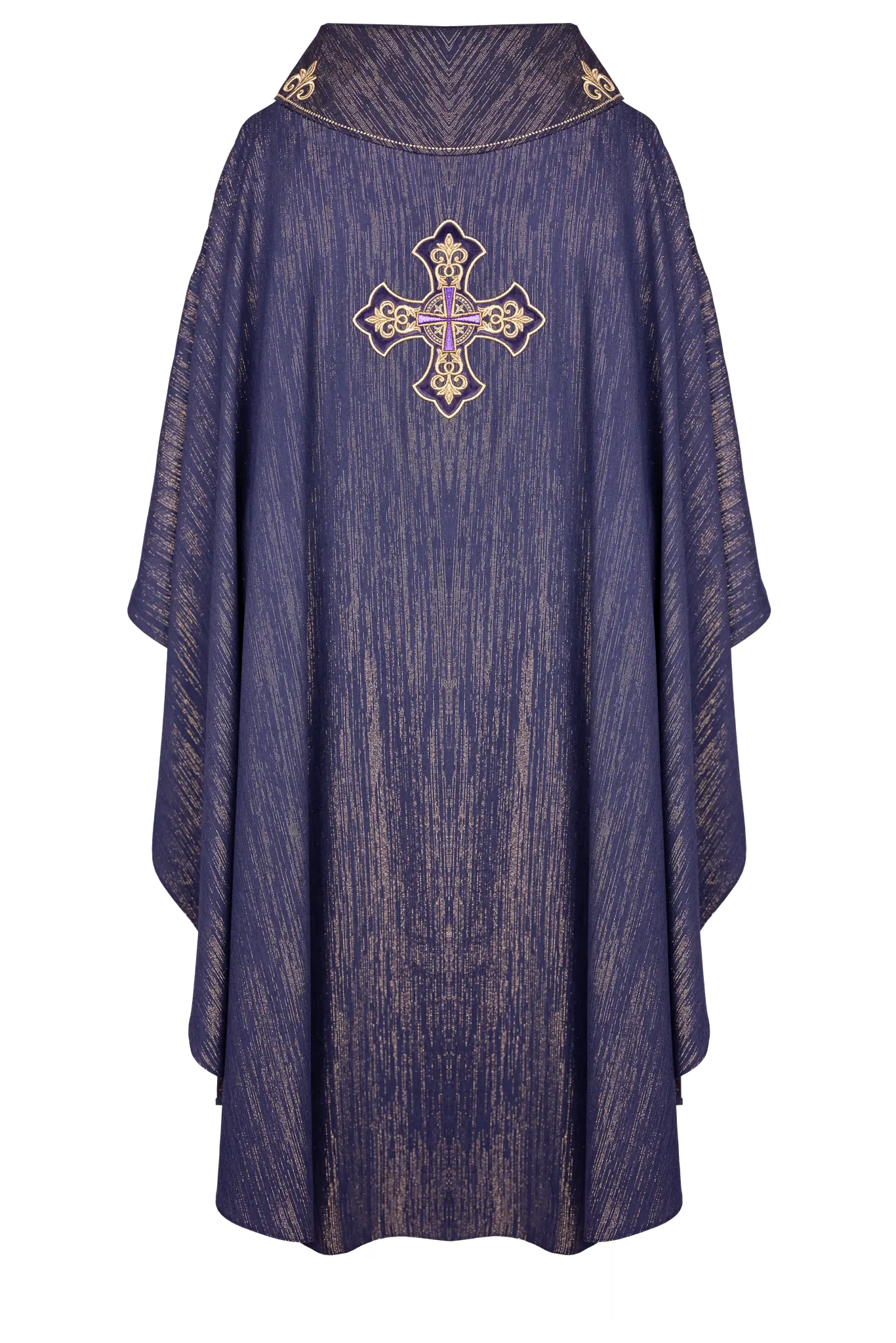 Purple chasuble with embroidered cross motif on de