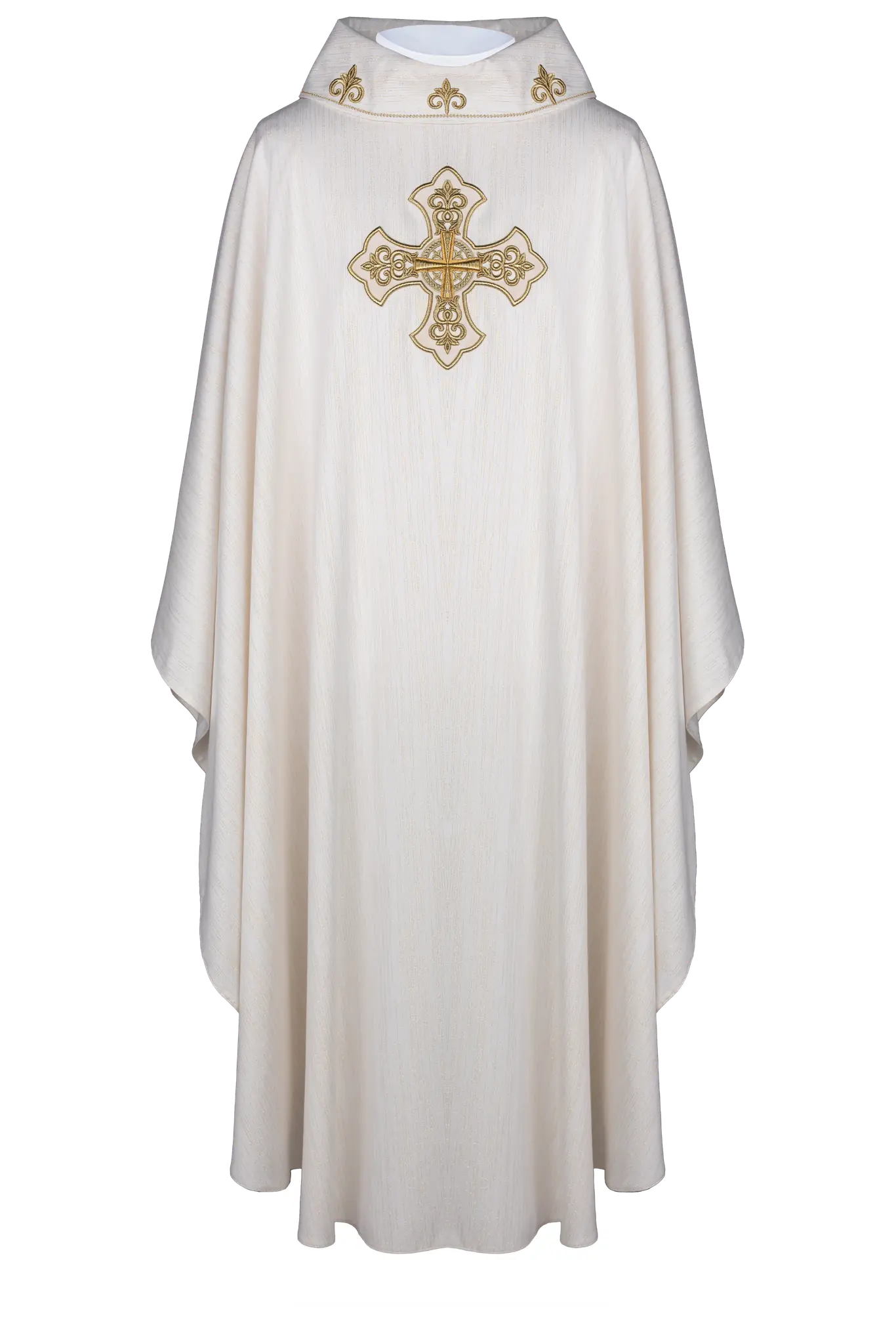 Casulla ecru con cruz ricamente bordada y cuello decorado