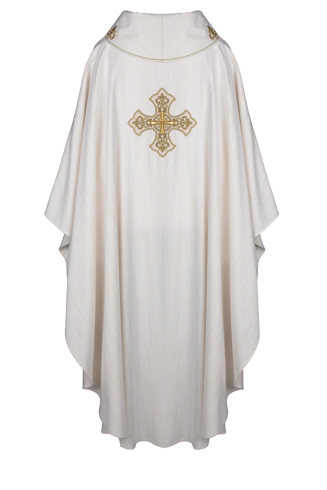 Casulla ecru con cruz ricamente bordada y cuello decorado