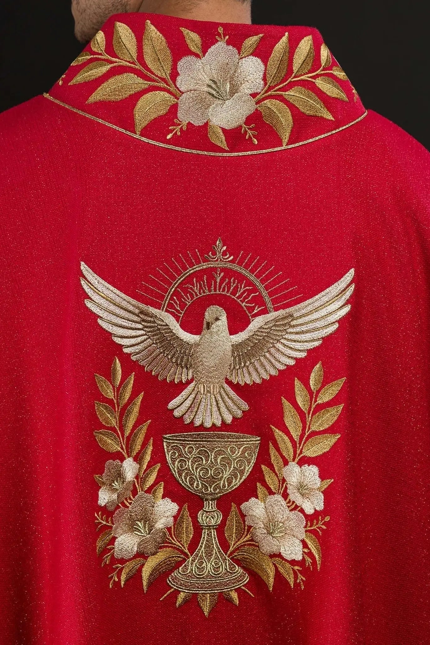 Casulla roja con cuello bordado y símbolo del Espíritu Santo