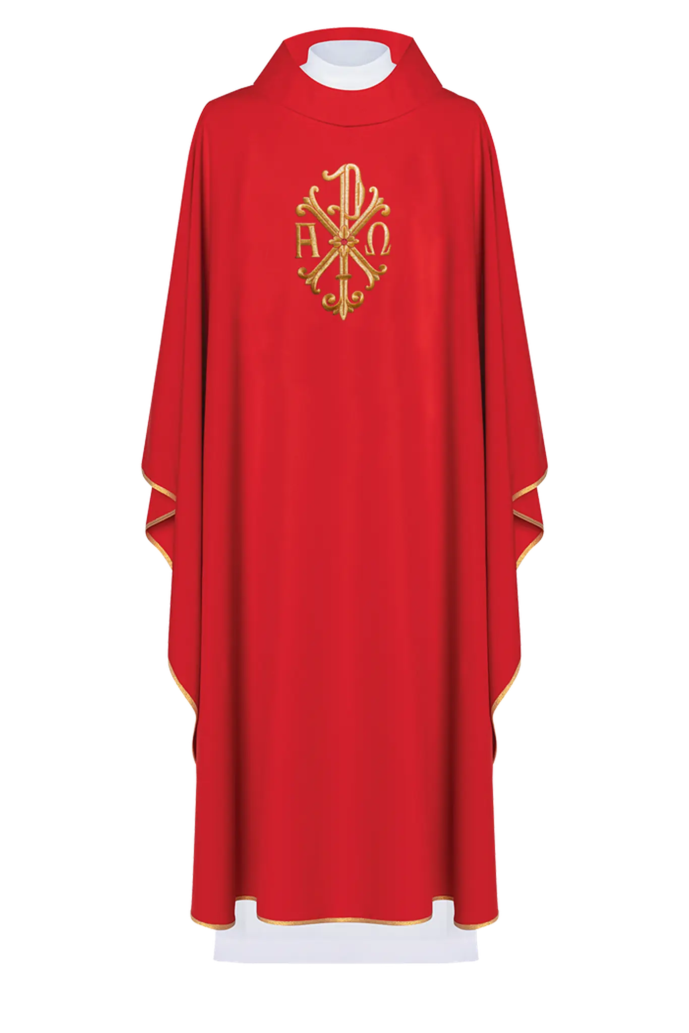 Alpha and Omega embroidered chasuble Red Gold piping