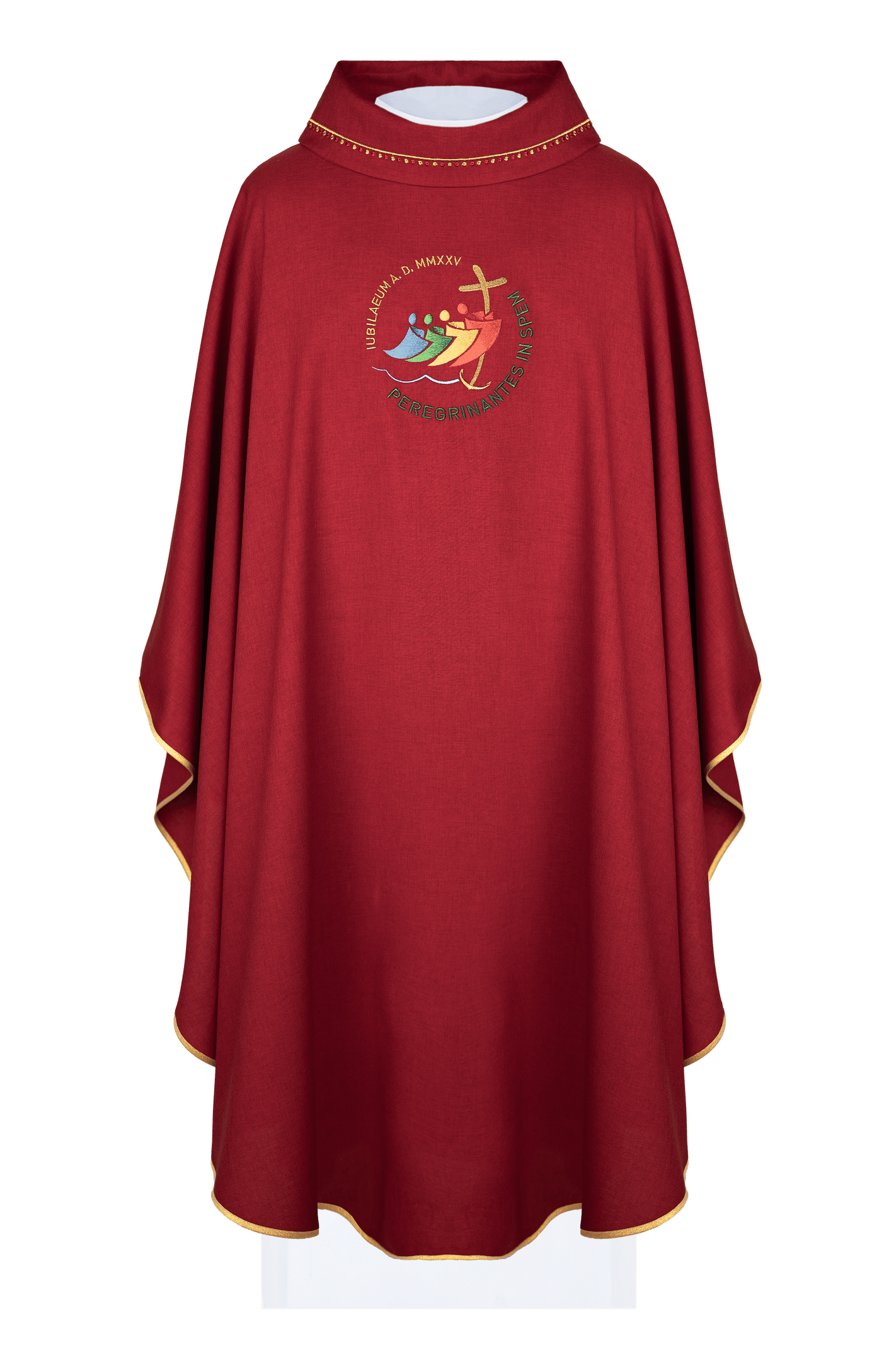 Ornat z haftem JUBILEUSZ RZYM 2025 z lamówką na kołnierzu w kolorze czerwonym - ORNATY.PL